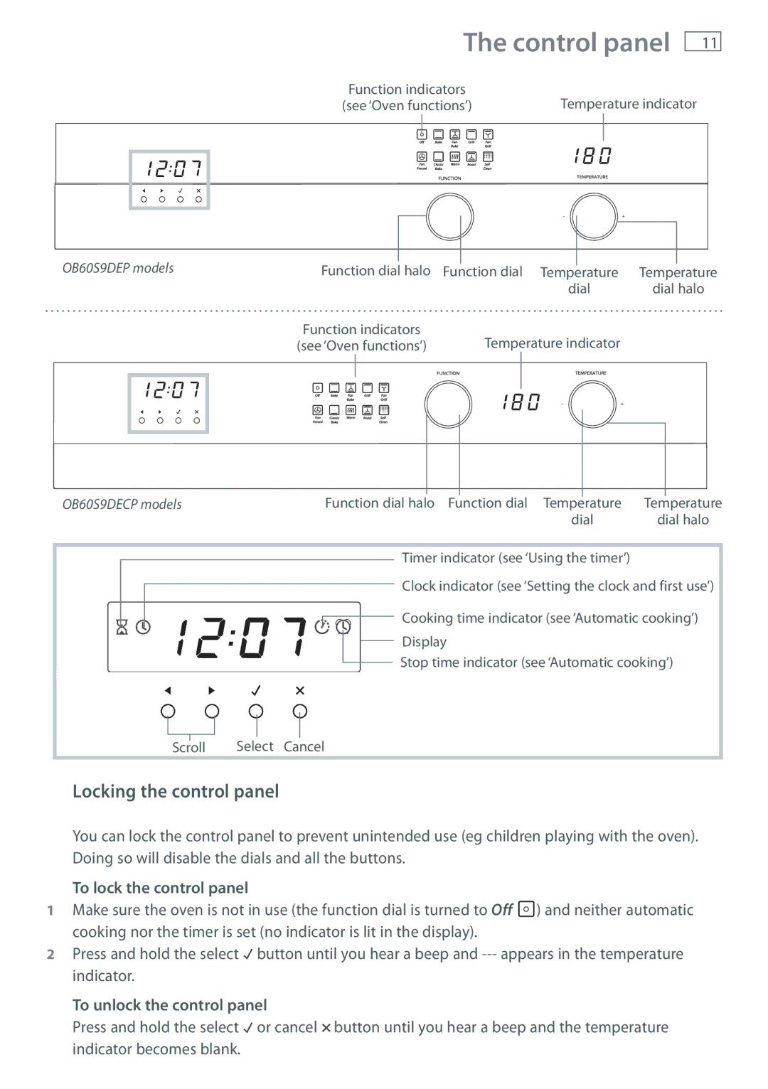 Fisher & Paykel OB60S9DECP, OB60S9DEP Control panel, Locking the control panel, To lock the control panel 