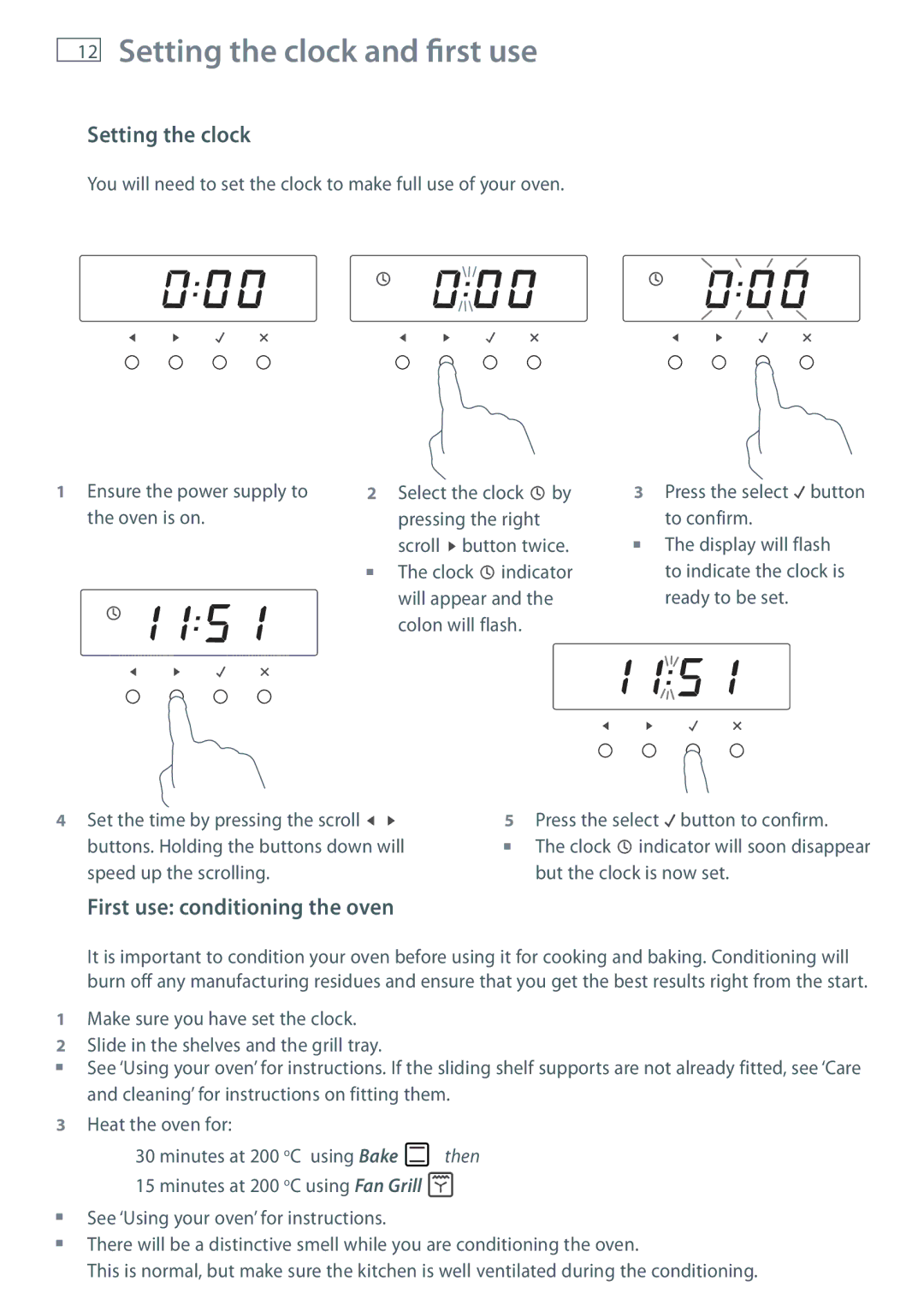 Fisher & Paykel OB60S9DEP, OB60S9DECP Setting the clock and first use, First use conditioning the oven 