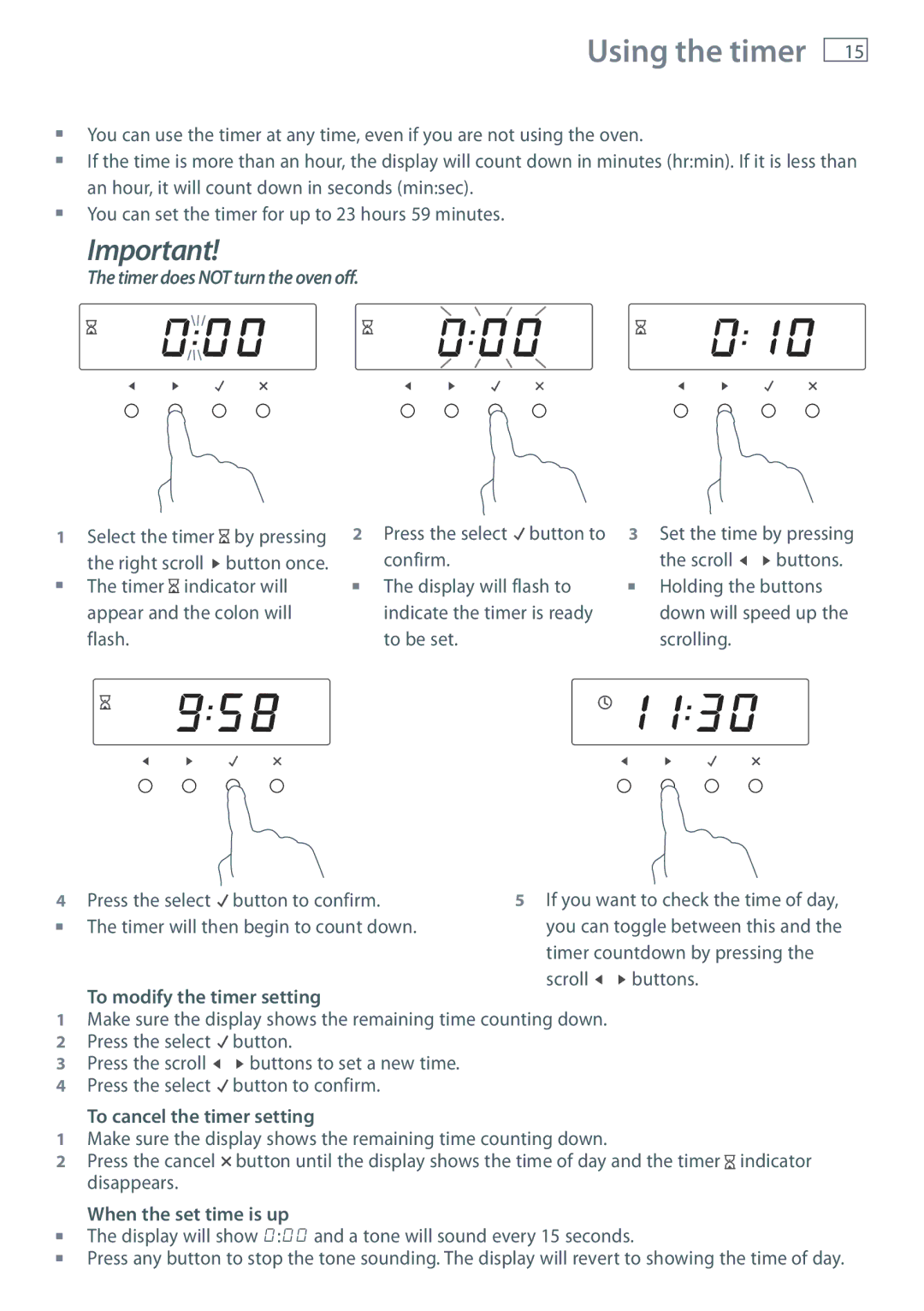 Fisher & Paykel OB60S9DECP, OB60S9DEP Using the timer, To modify the timer setting, To cancel the timer setting 