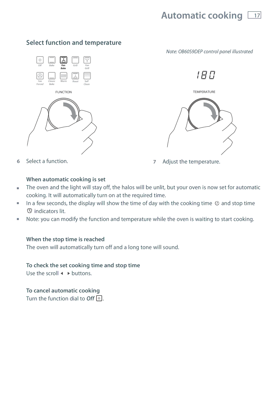 Fisher & Paykel OB60S9DECP Select function and temperature, When automatic cooking is set, When the stop time is reached 