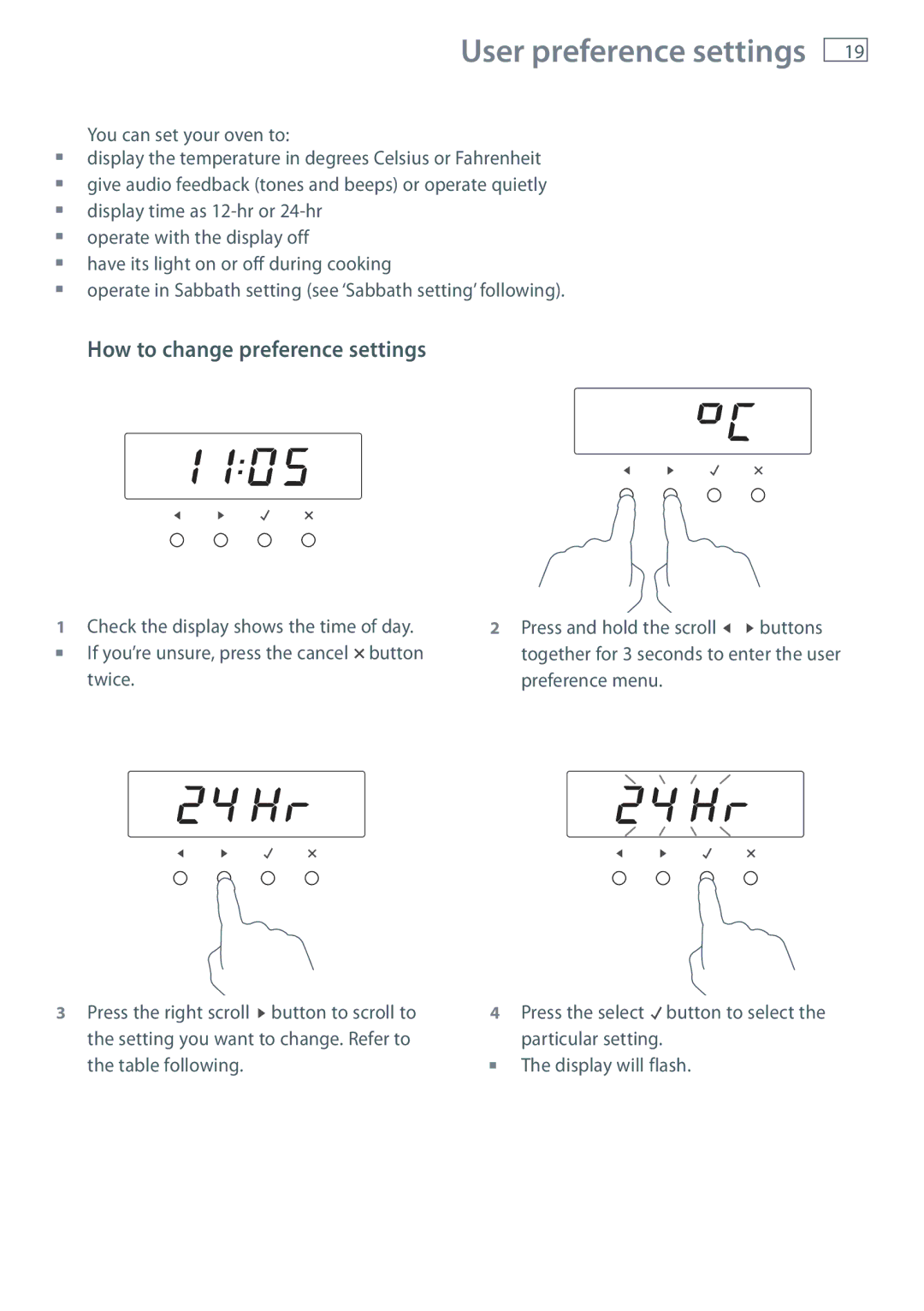 Fisher & Paykel OB60S9DECP, OB60S9DEP installation instructions User preference settings, How to change preference settings 