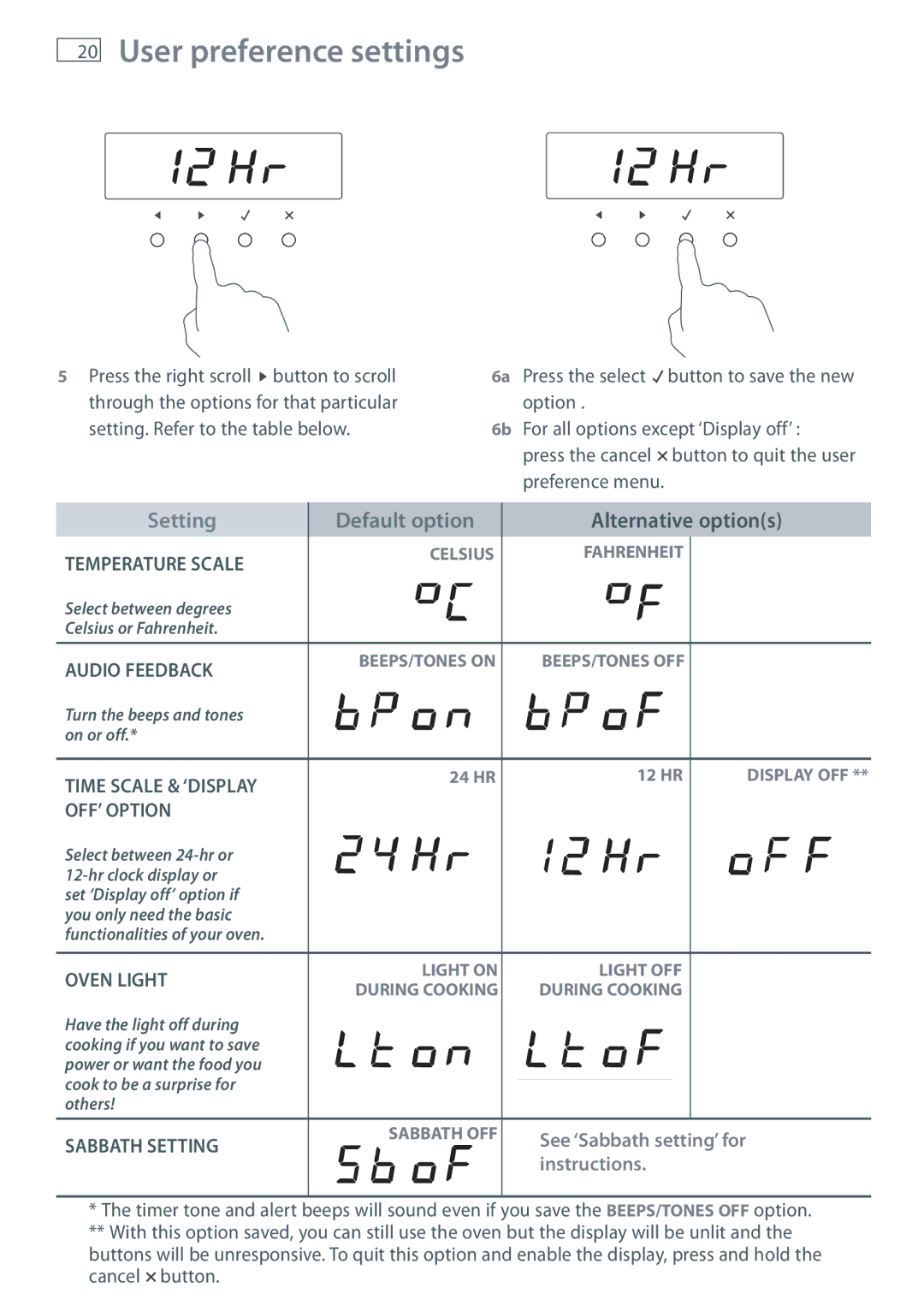 Fisher & Paykel OB60S9DEP, OB60S9DECP installation instructions User preference settings, Setting 