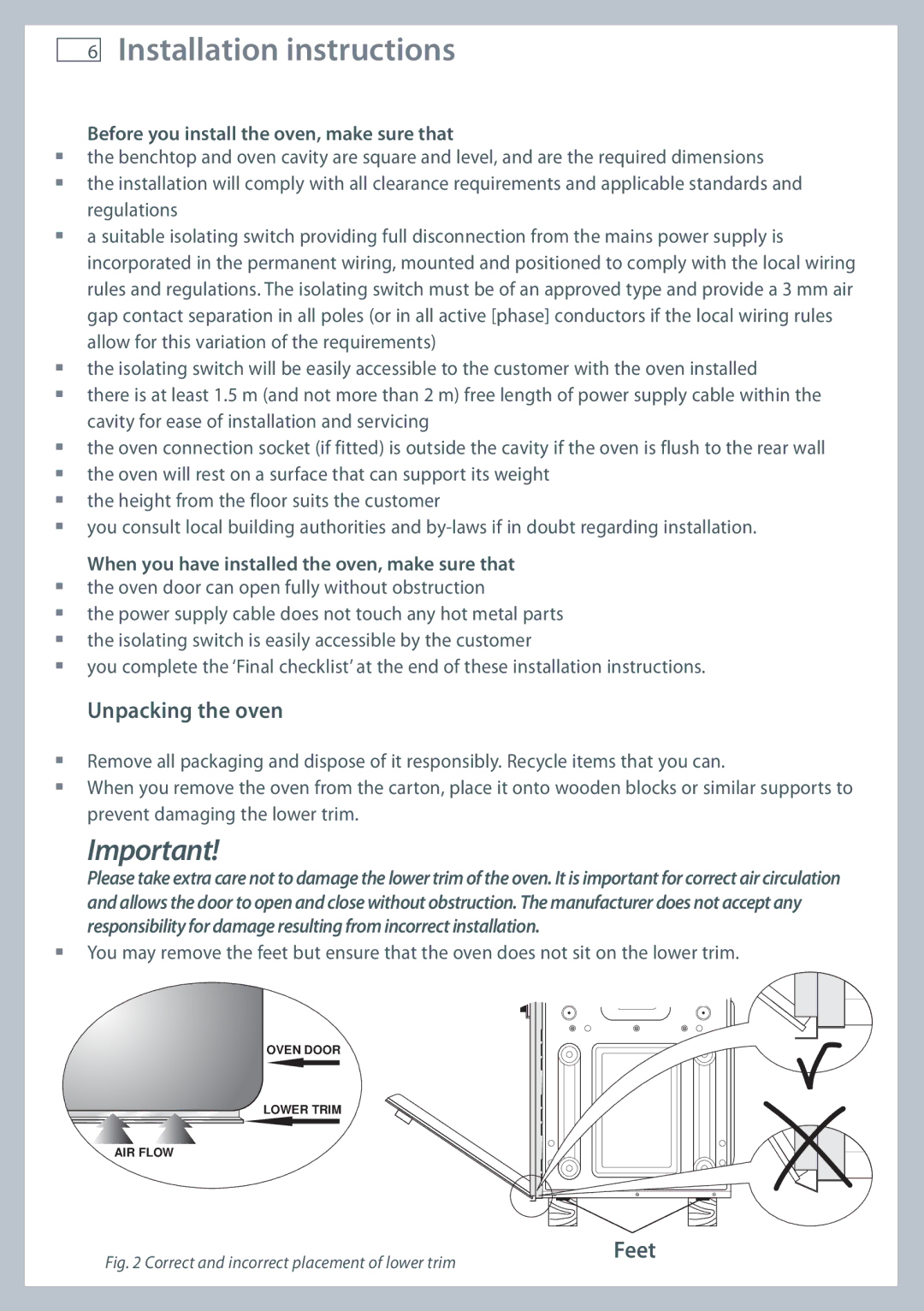 Fisher & Paykel OB60S9DEP Installation instructions, Unpacking the oven, Feet, Before you install the oven, make sure that 