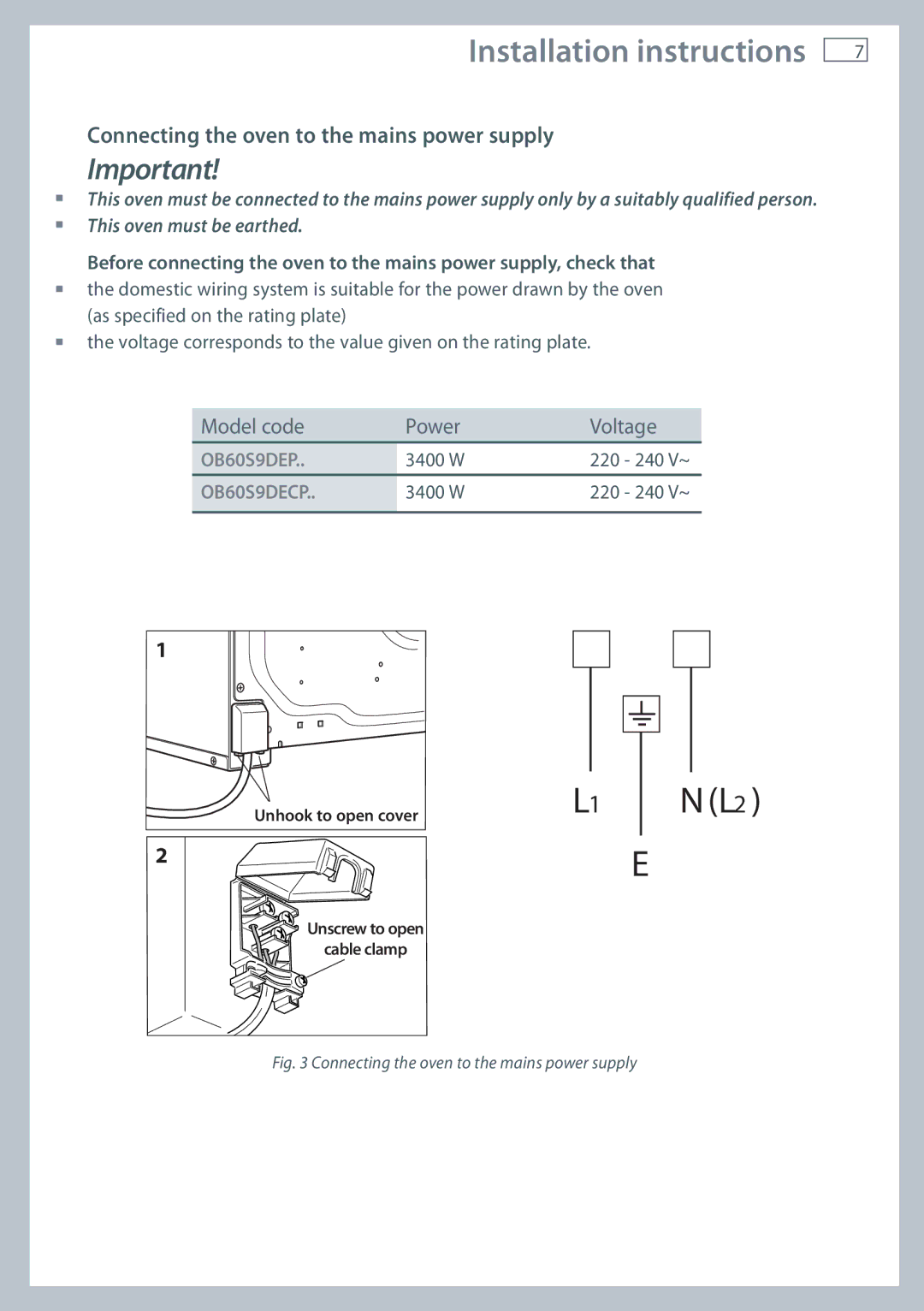 Fisher & Paykel OB60S9DECP, OB60S9DEP Connecting the oven to the mains power supply, Model code Power Voltage 