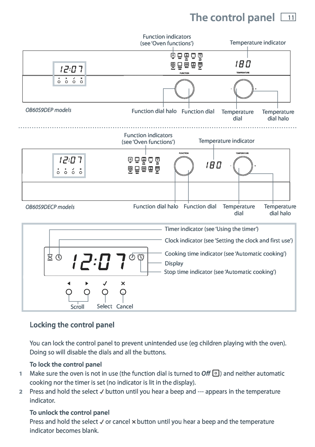 Fisher & Paykel OB60S9DECP, OB60S9DEP installation instructions The control panel, Locking the control panel 