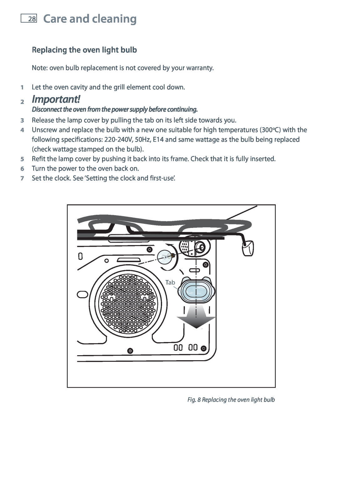 Fisher & Paykel OB60S9DEP, OB60S9DECP installation instructions Care and cleaning, Important, Replacing the oven light bulb 