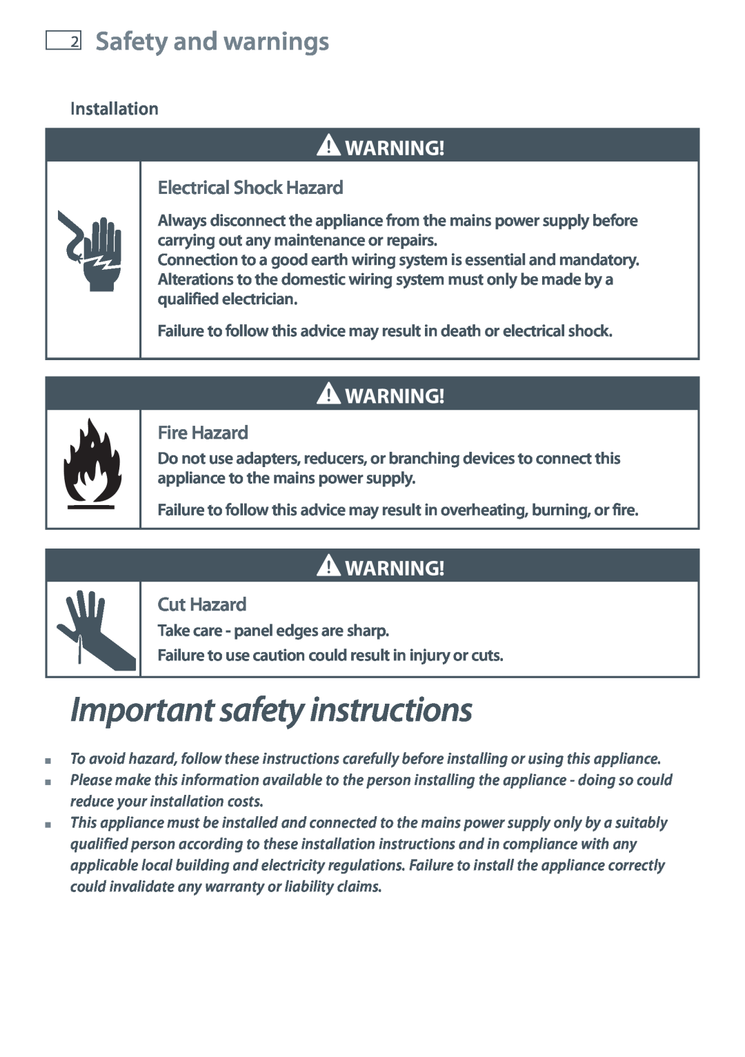 Fisher & Paykel OB60S9DEP Important safety instructions, Safety and warnings, Electrical Shock Hazard, Fire Hazard 