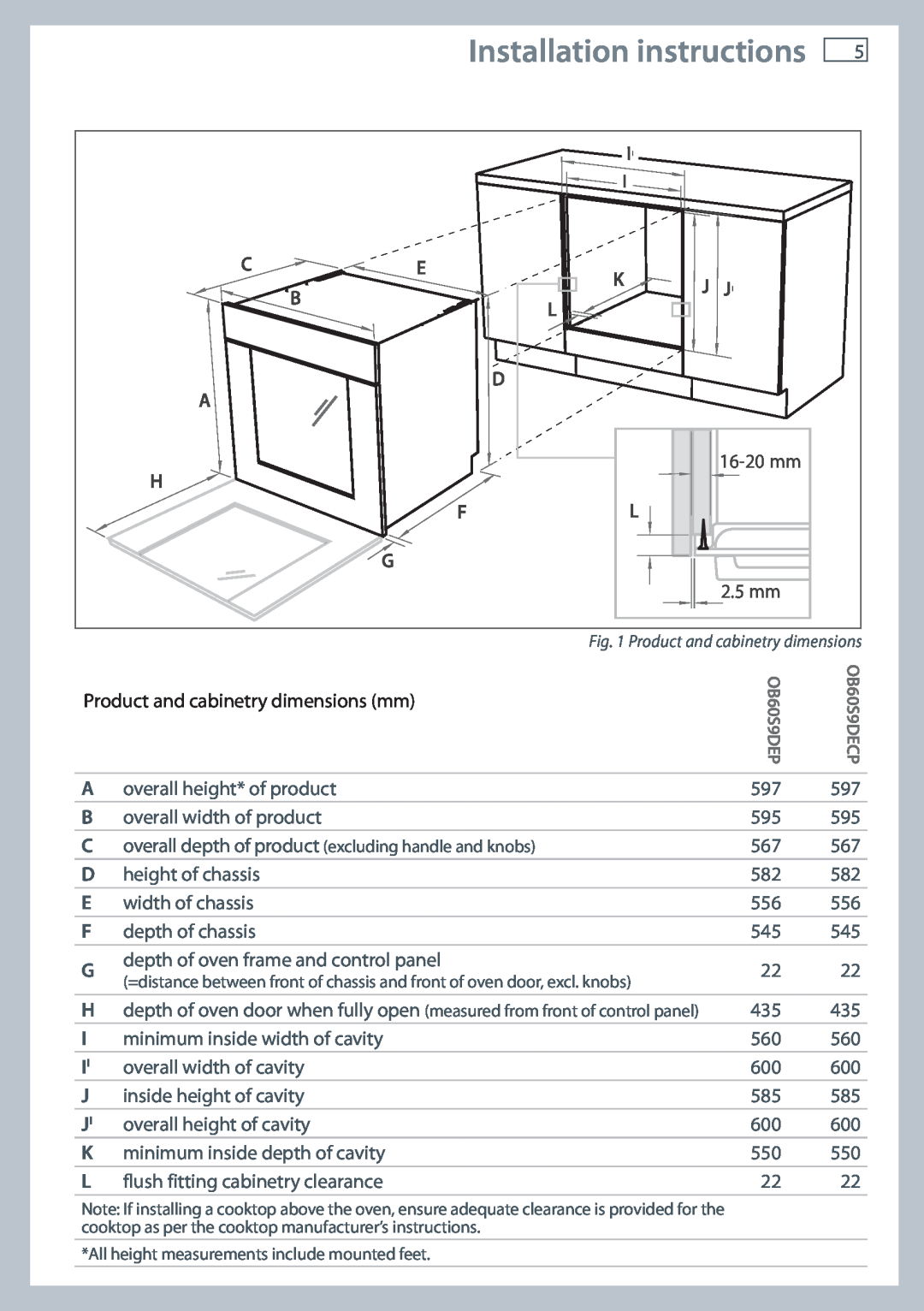 Fisher & Paykel OB60S9DECP Installation instructions, H Fl G, 16-20 mm 2.5 mm, Product and cabinetry dimensions mm 