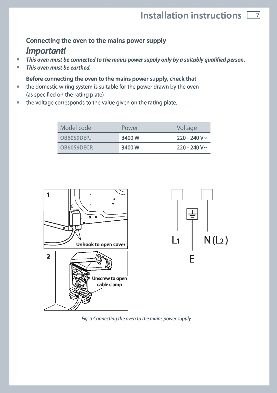 Fisher & Paykel OB60S9DECP Installation instructions, N L2, Connecting the oven to the mains power supply, Model code 