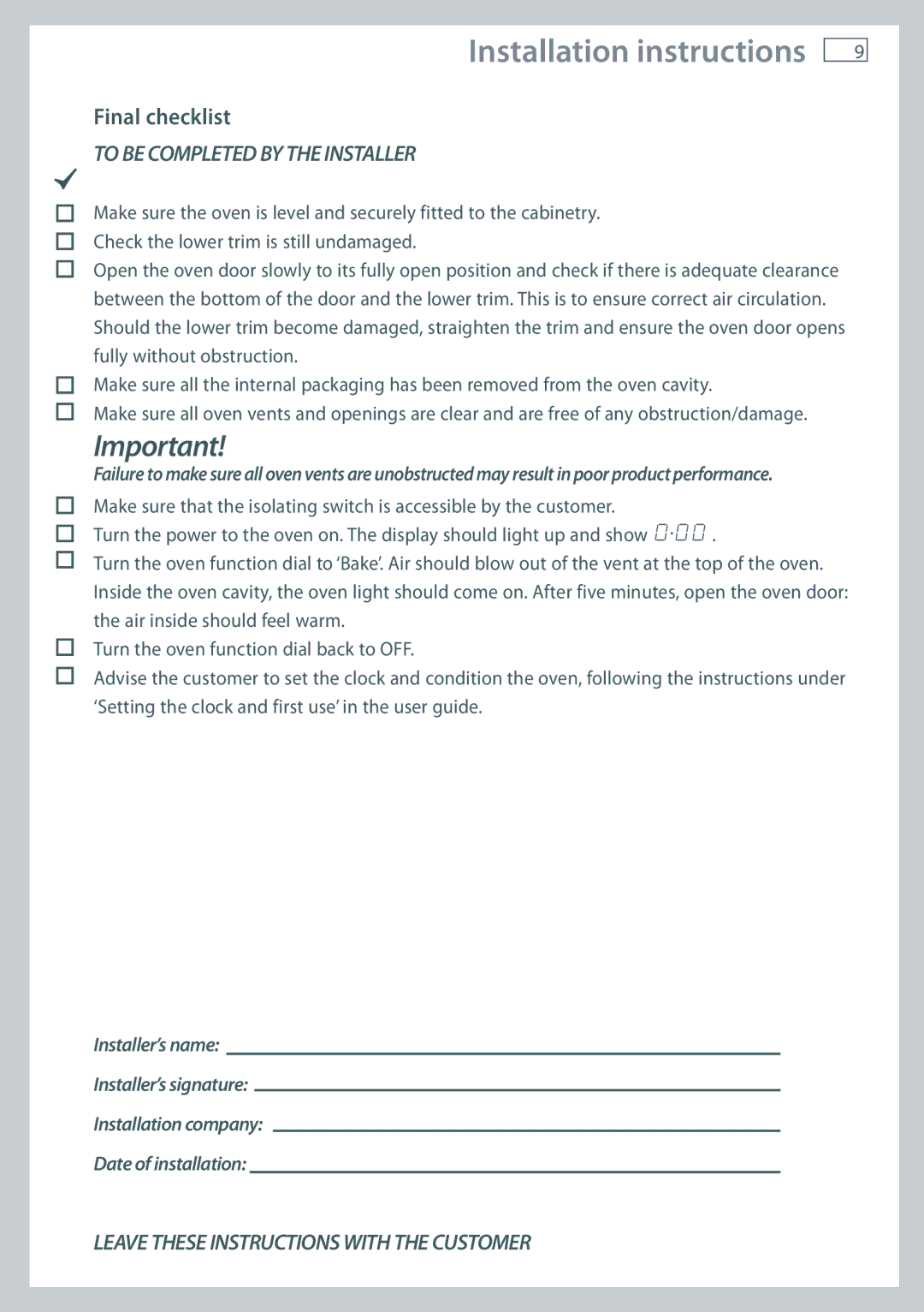 Fisher & Paykel OB60S9DEP installation instructions Final checklist, To be Completed by the Installer 