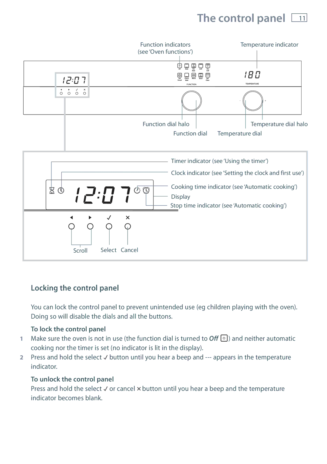 Fisher & Paykel OB60S9DEP Control panel, Locking the control panel, To lock the control panel, To unlock the control panel 