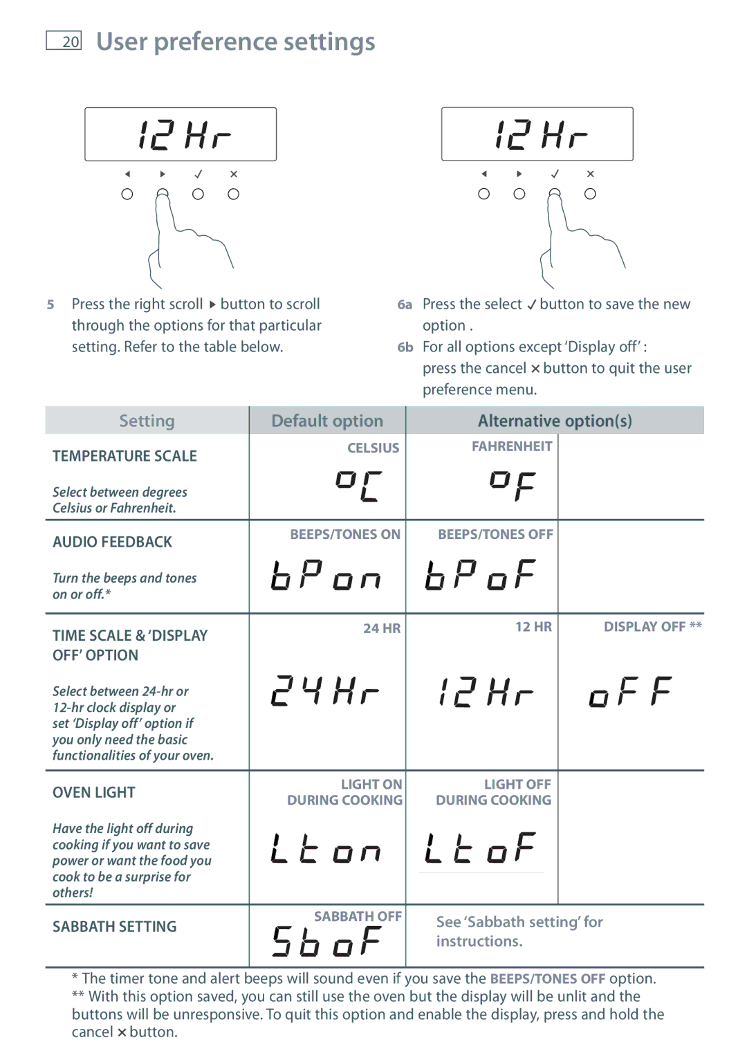 Fisher & Paykel OB60S9DEP installation instructions User preference settings, Setting 