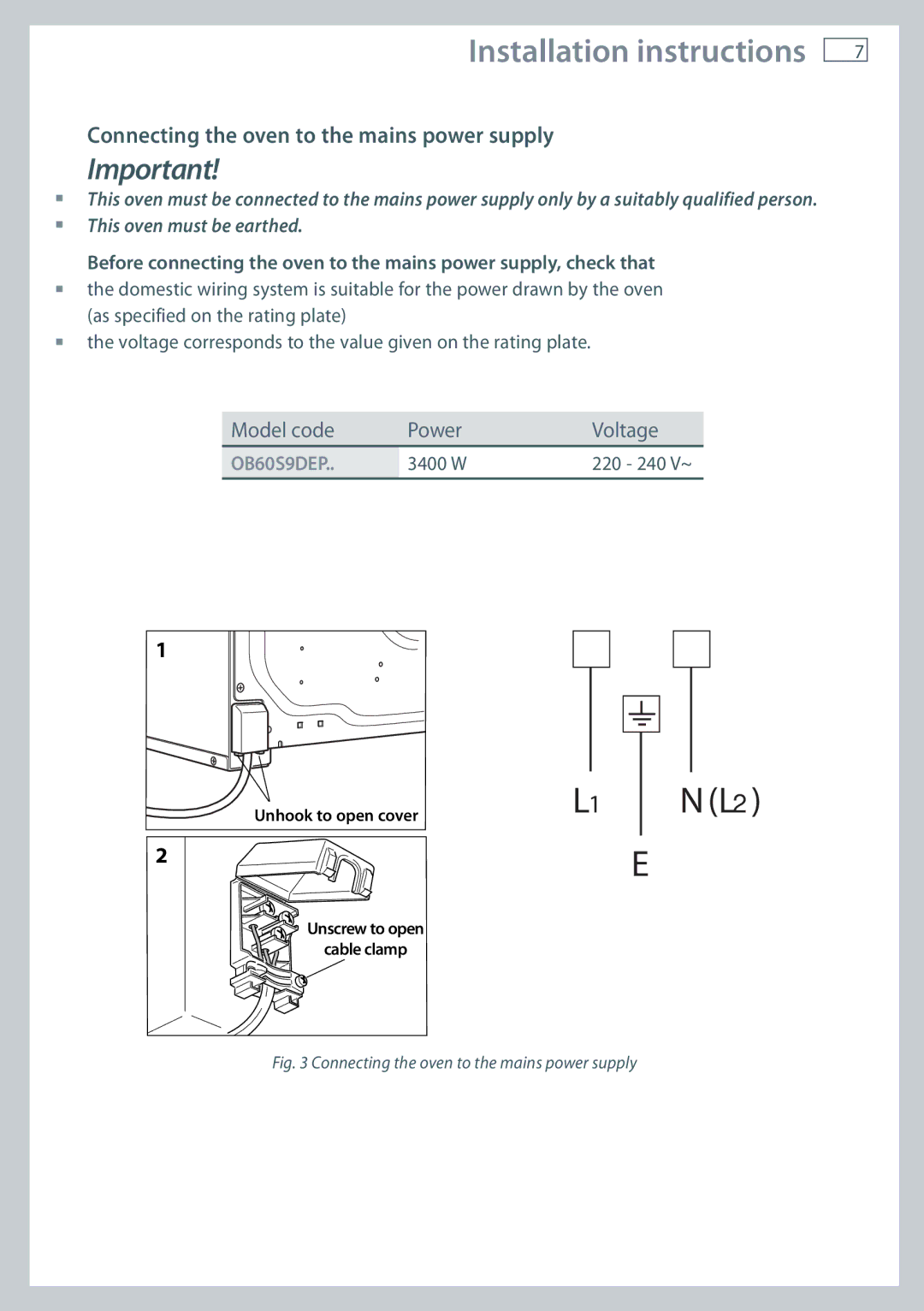 Fisher & Paykel OB60S9DEP installation instructions Connecting the oven to the mains power supply 