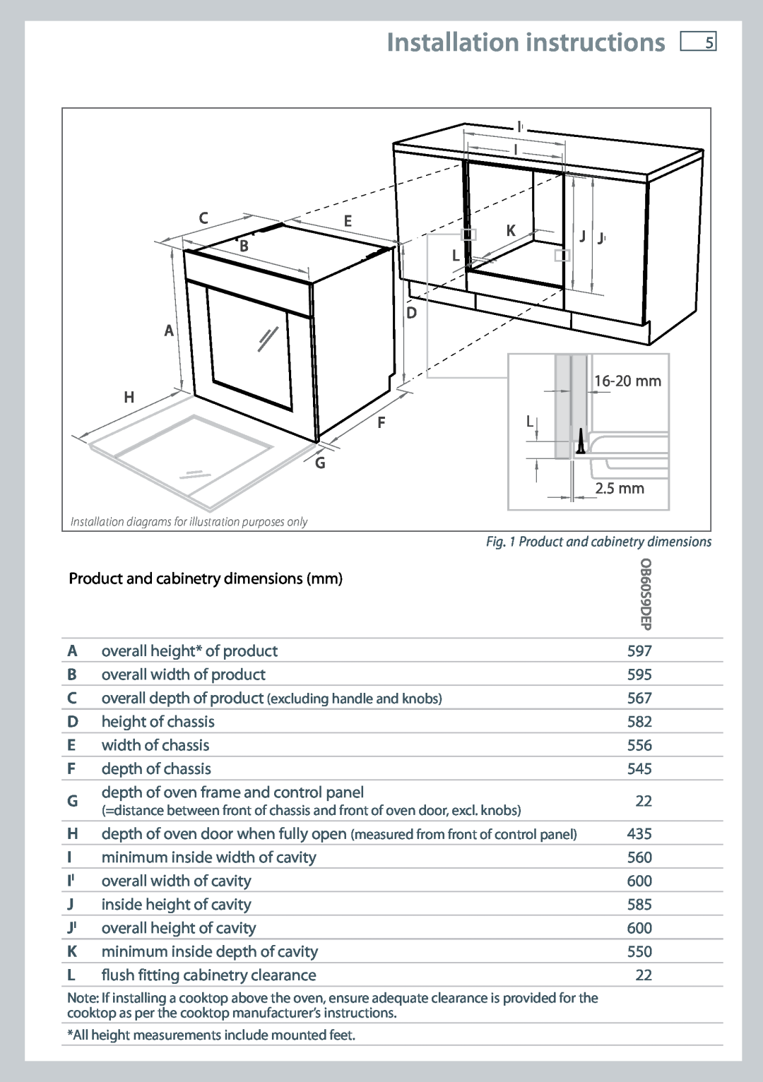 Fisher & Paykel OB60S9DEP installation instructions Installation instructions, J Ji, H Fl G, 16-20mm 2.5 mm 
