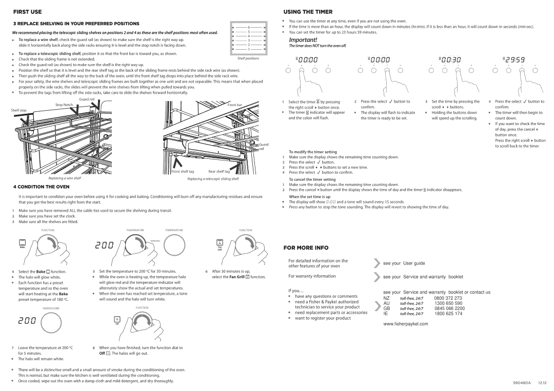 Fisher & Paykel OB60SL11DCPX1 Using the Timer, For More Info, To modify the timer setting, To cancel the timer setting 