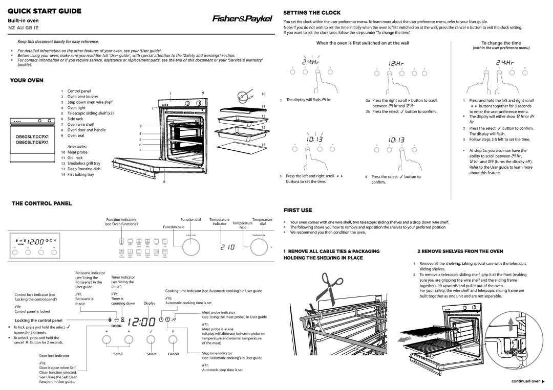 Fisher & Paykel OB60SL11DEPX1 quick start Setting The Clock, Your Oven, The Control Panel First Use, Quick Start Guide 