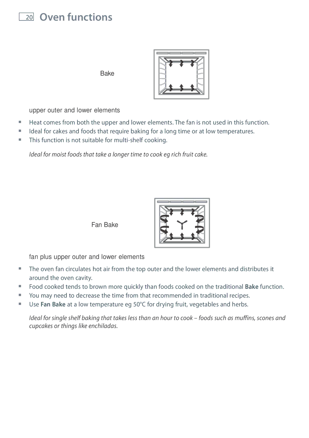 Fisher & Paykel OB60SL7 manual Oven functions, Upper outer and lower elements 