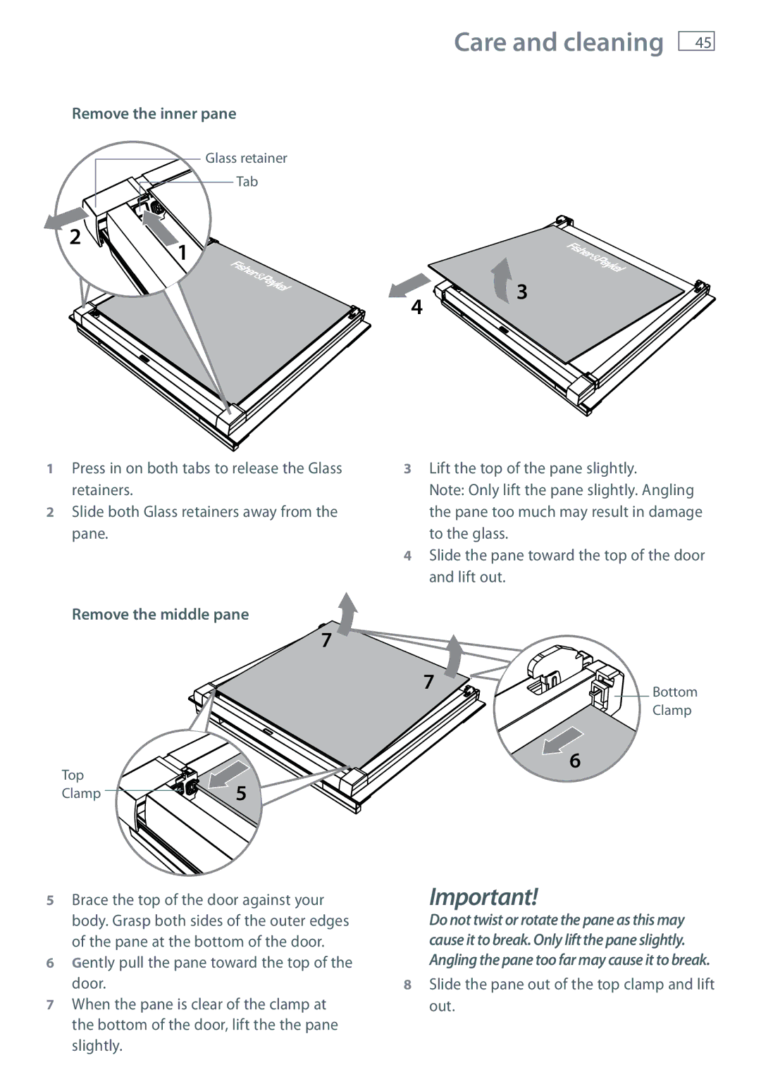 Fisher & Paykel OB60SL7 manual Remove the inner pane, Remove the middle pane 