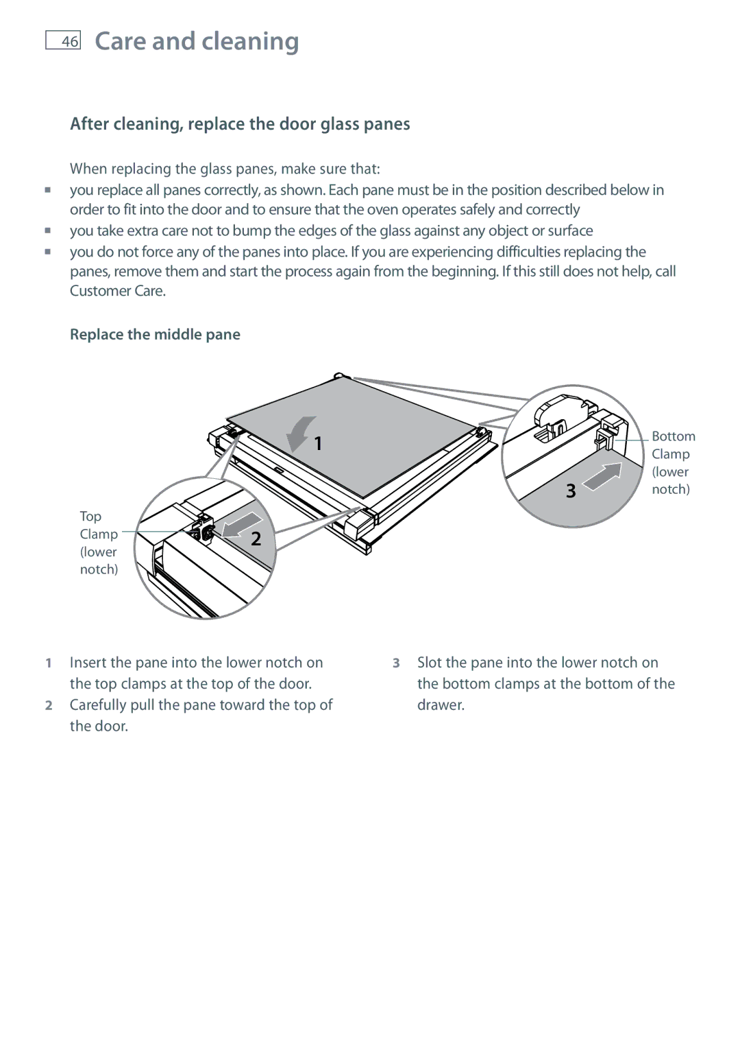 Fisher & Paykel OB60SL7 manual After cleaning, replace the door glass panes, Replace the middle pane 