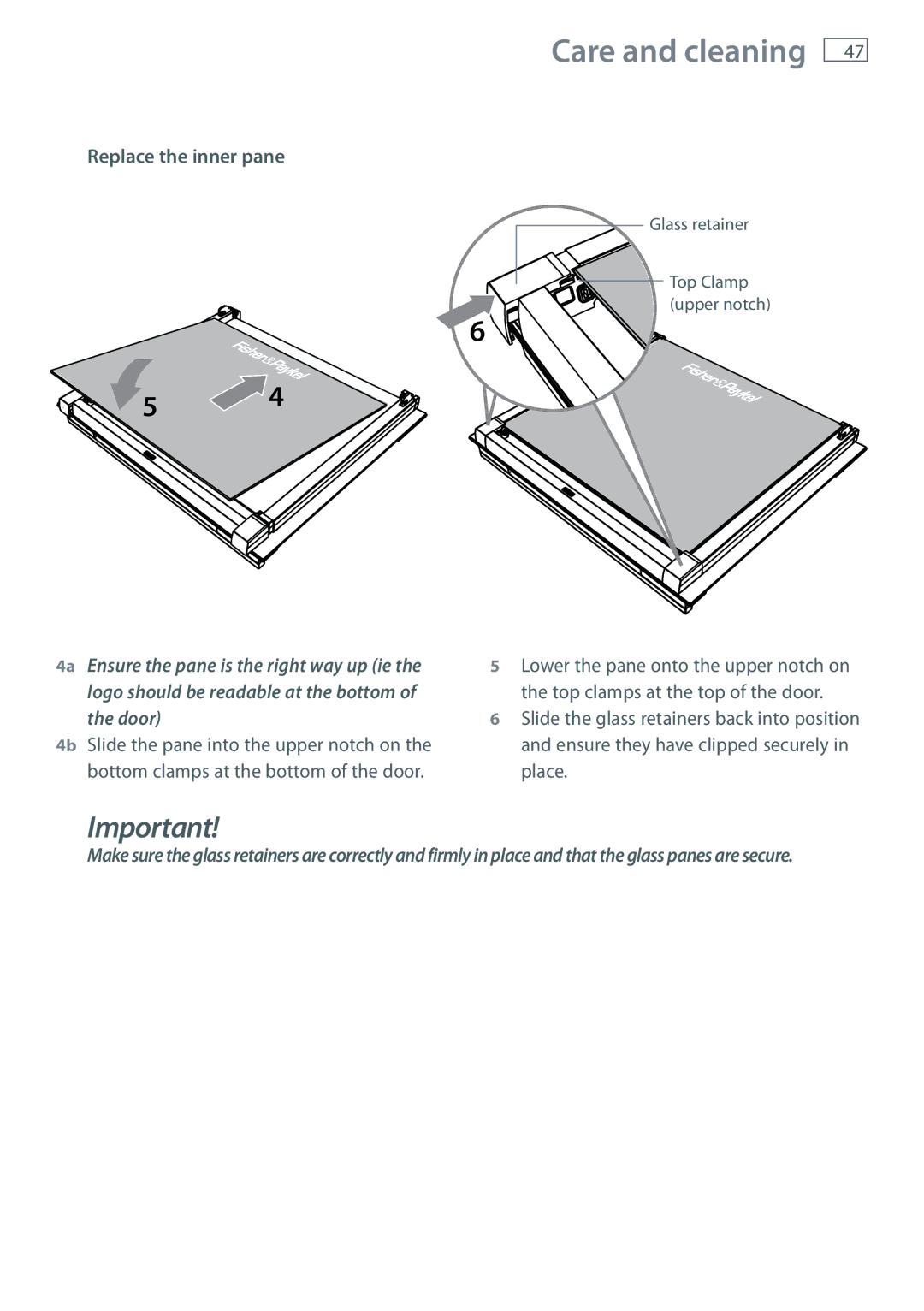 Fisher & Paykel OB60SL7 manual Replace the inner pane 