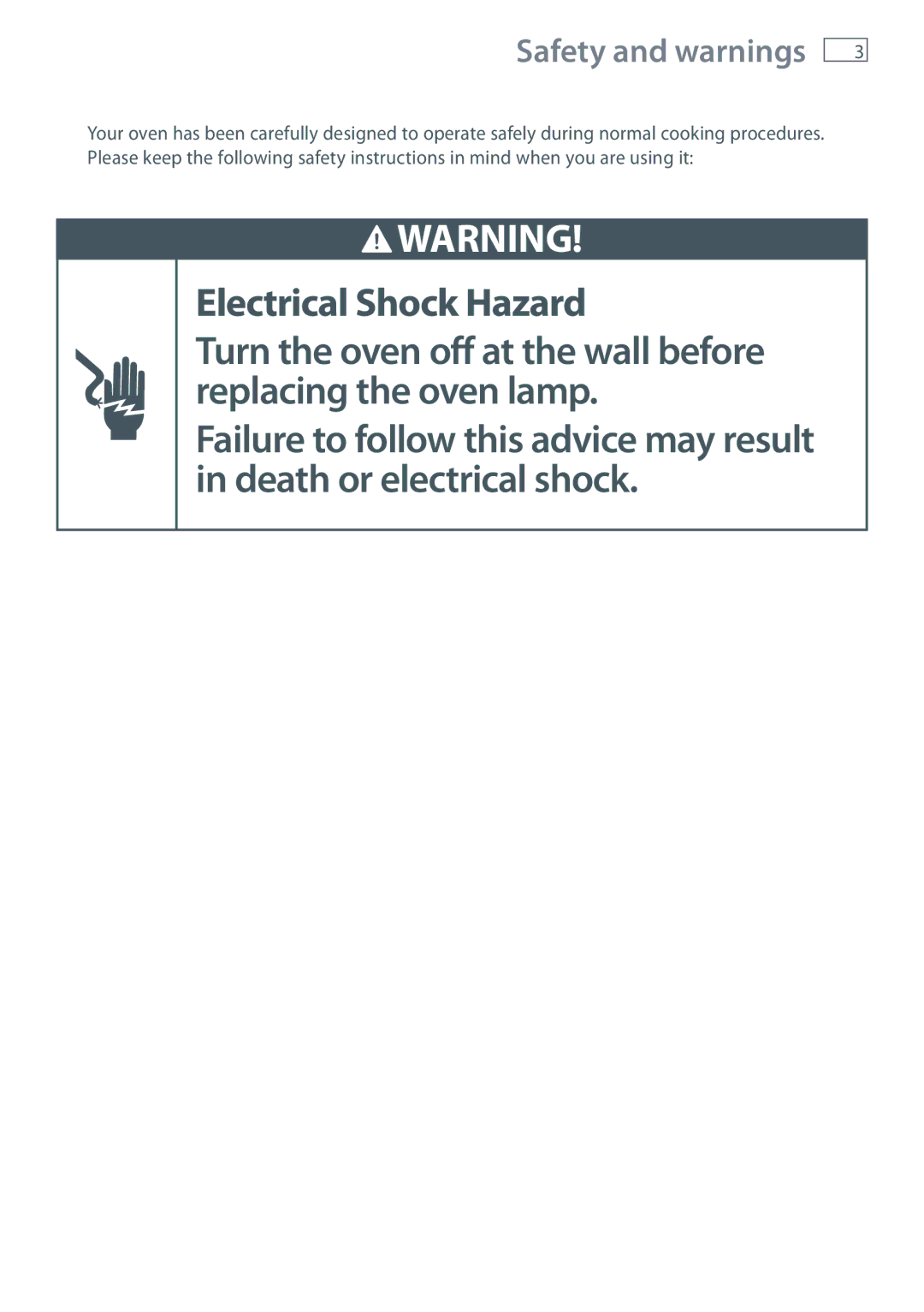 Fisher & Paykel OB60SL7 manual Electrical Shock Hazard, Safety and warnings 