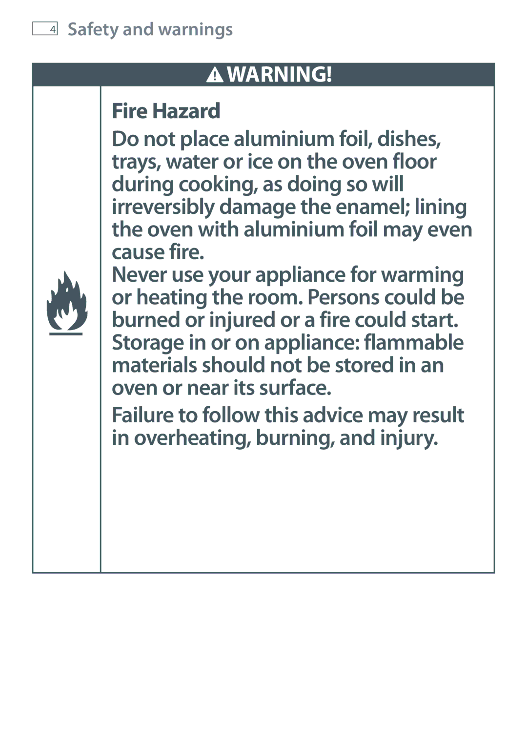 Fisher & Paykel OB60SL7 manual Fire Hazard 