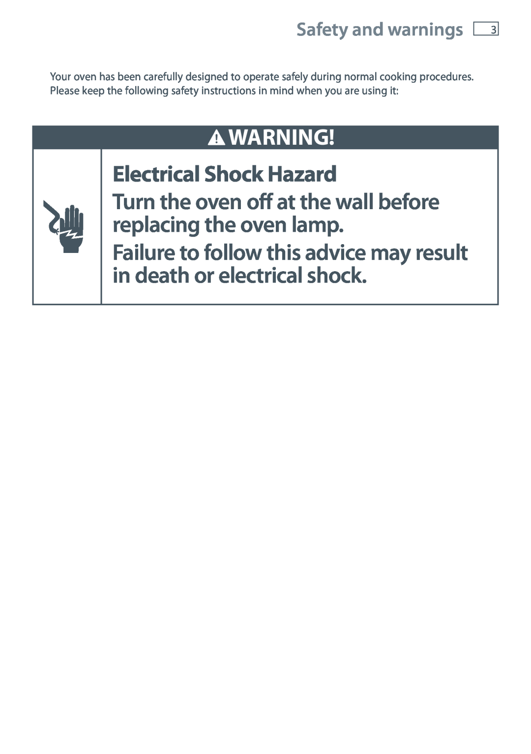 Fisher & Paykel OB60SL7 manual Electrical Shock Hazard, Turn the oven off at the wall before replacing the oven lamp 