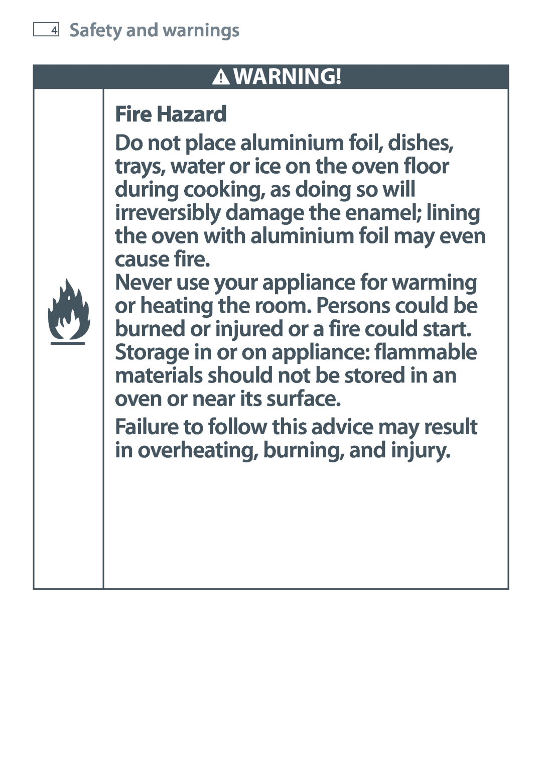 Fisher & Paykel OB60SL7 manual Fire Hazard, Safety and warnings 