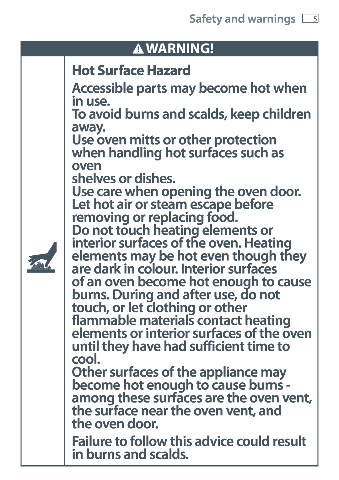 Fisher & Paykel OB60SL7 manual Hot Surface Hazard Accessible parts may become hot when in use 