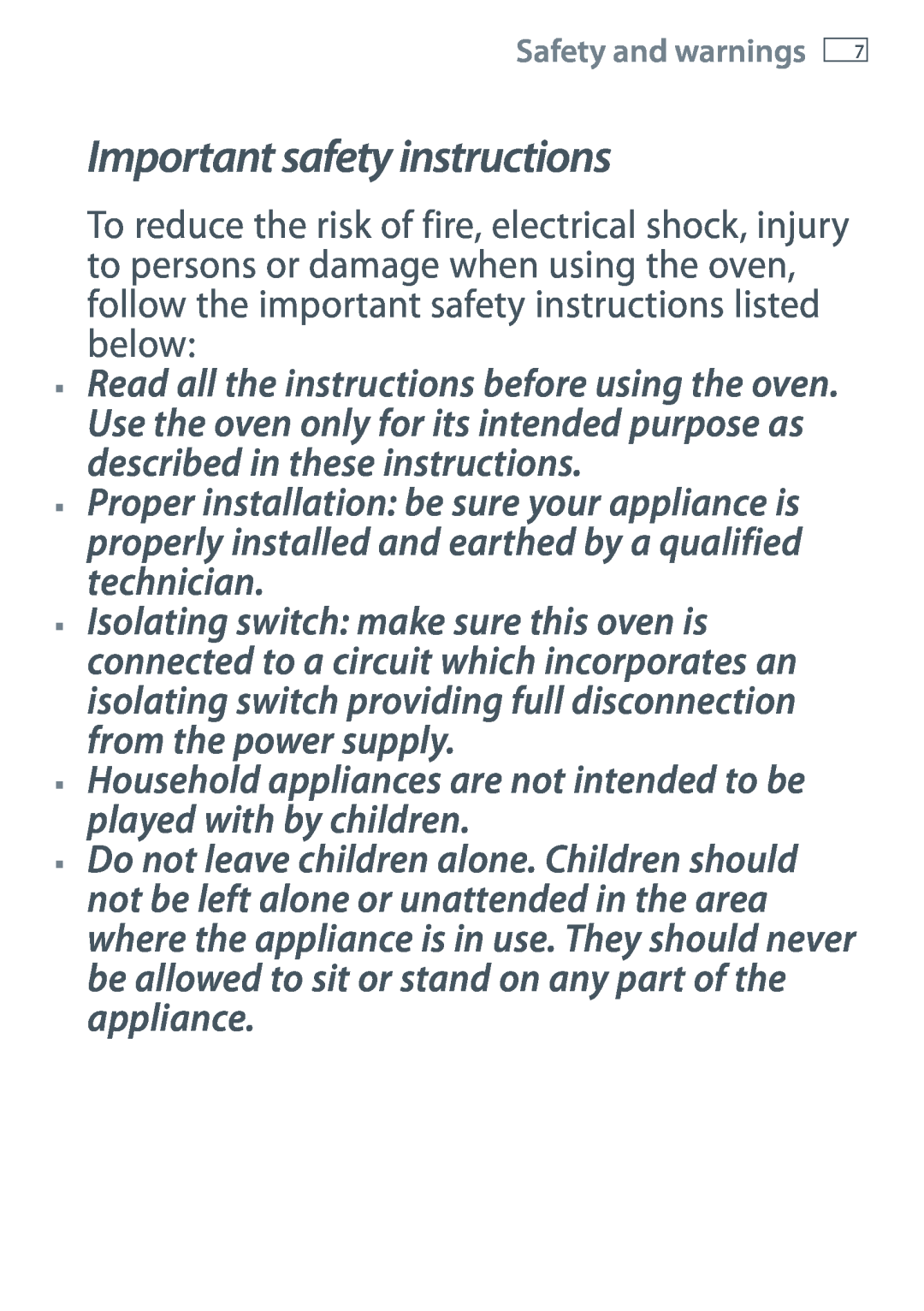 Fisher & Paykel OB60SL7 Important safety instructions, Household appliances are not intended to be played with by children 