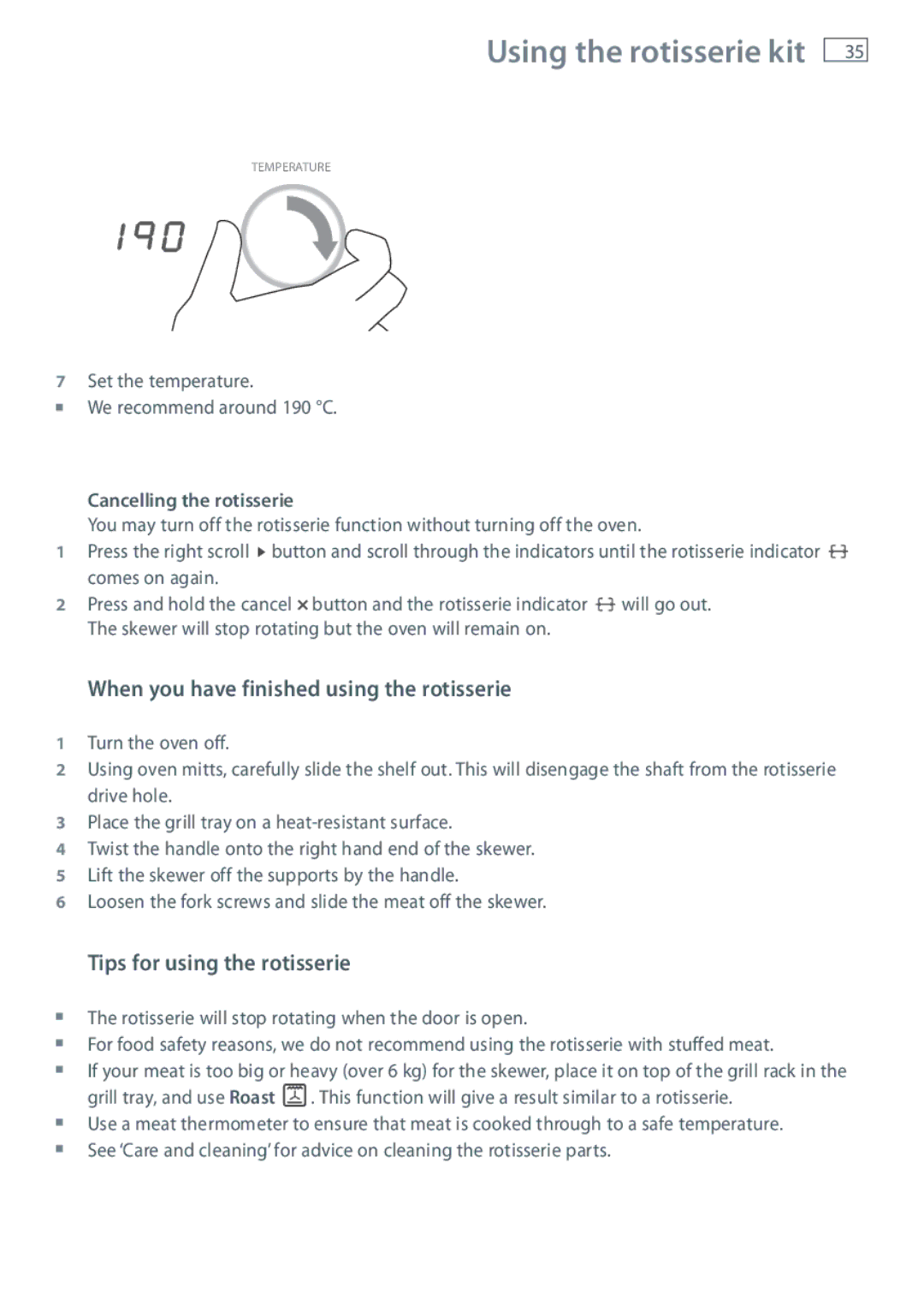 Fisher & Paykel OB60SL11, OB60SL9 manual When you have finished using the rotisserie, Tips for using the rotisserie 