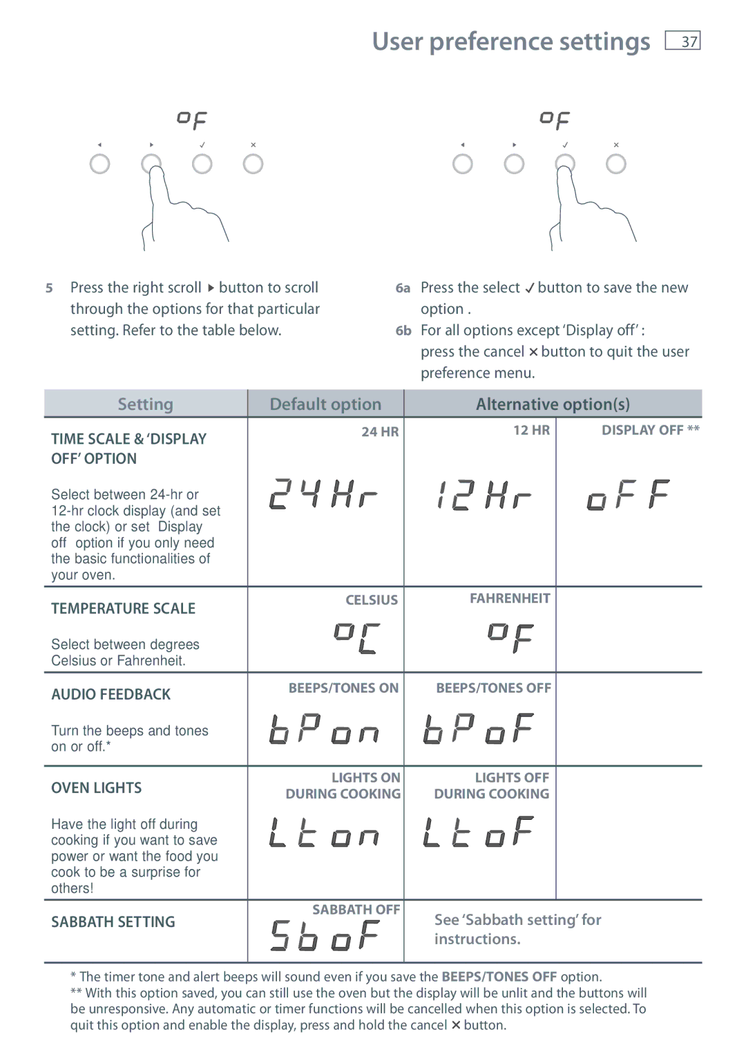 Fisher & Paykel OB60SL11, OB60SL9 manual User preference settings 