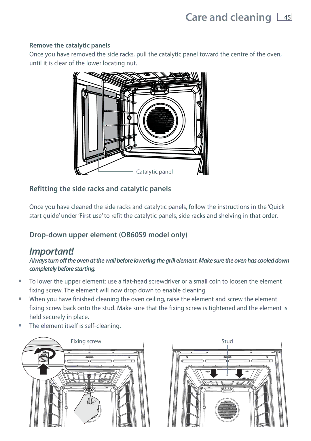 Fisher & Paykel OB60SL11, OB60SL9 Refitting the side racks and catalytic panels, Drop-down upper element OB60S9 model only 