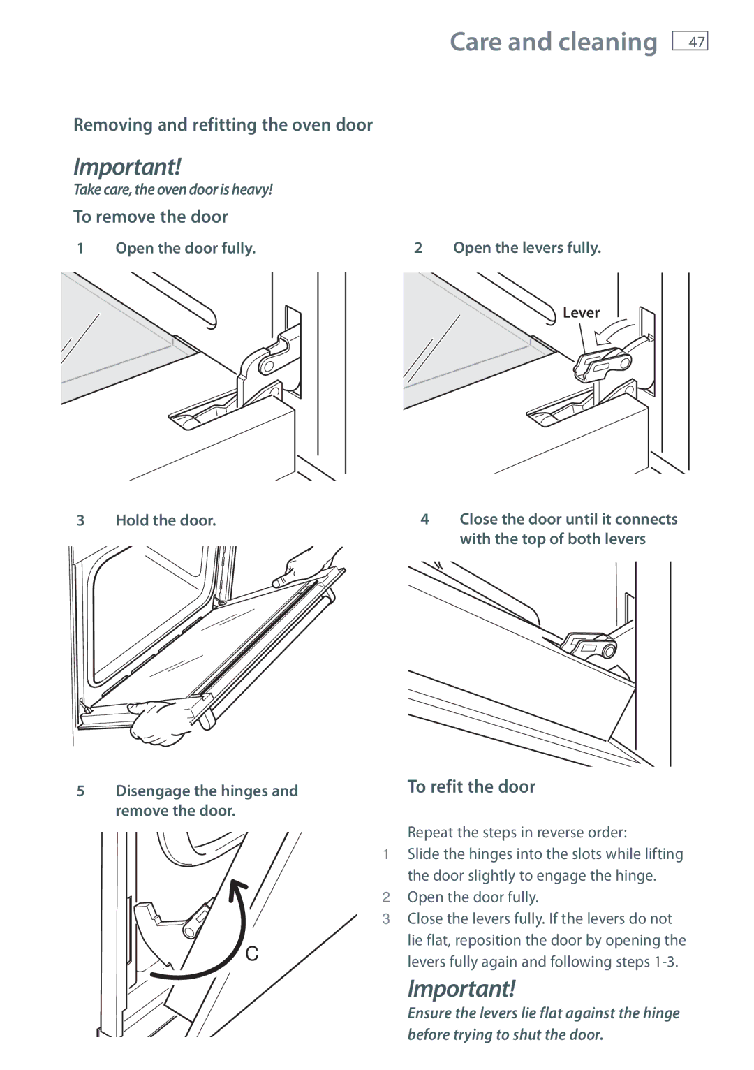 Fisher & Paykel OB60SL11, OB60SL9 manual Removing and refitting the oven door, To remove the door, To refit the door 