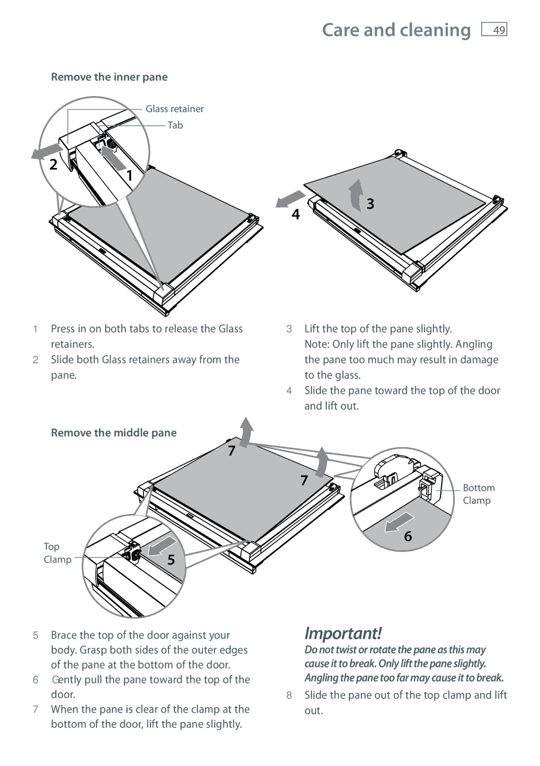 Fisher & Paykel OB60SL11 Remove the inner pane, Remove the middle pane, Slide the pane out of the top clamp and lift out 