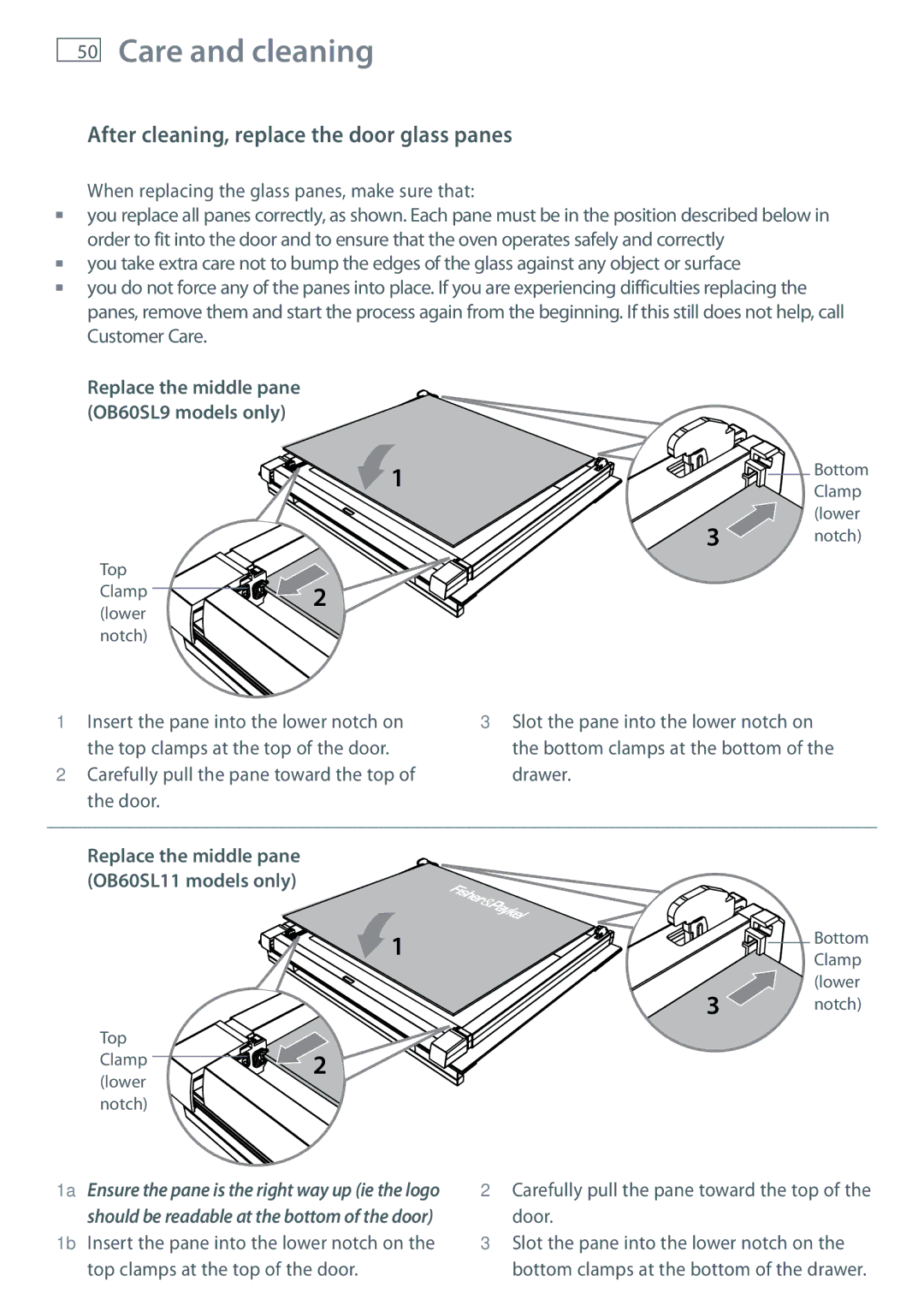 Fisher & Paykel OB60SL9 manual After cleaning, replace the door glass panes, When replacing the glass panes, make sure that 