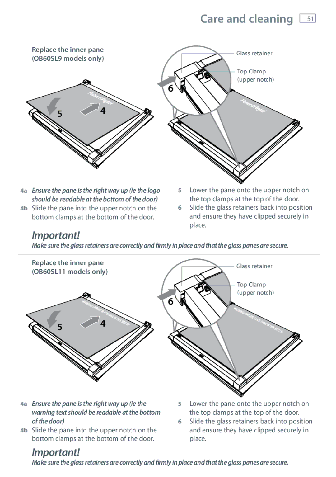 Fisher & Paykel OB60SL9 manual Replace the inner pane OB60SL11 models only 