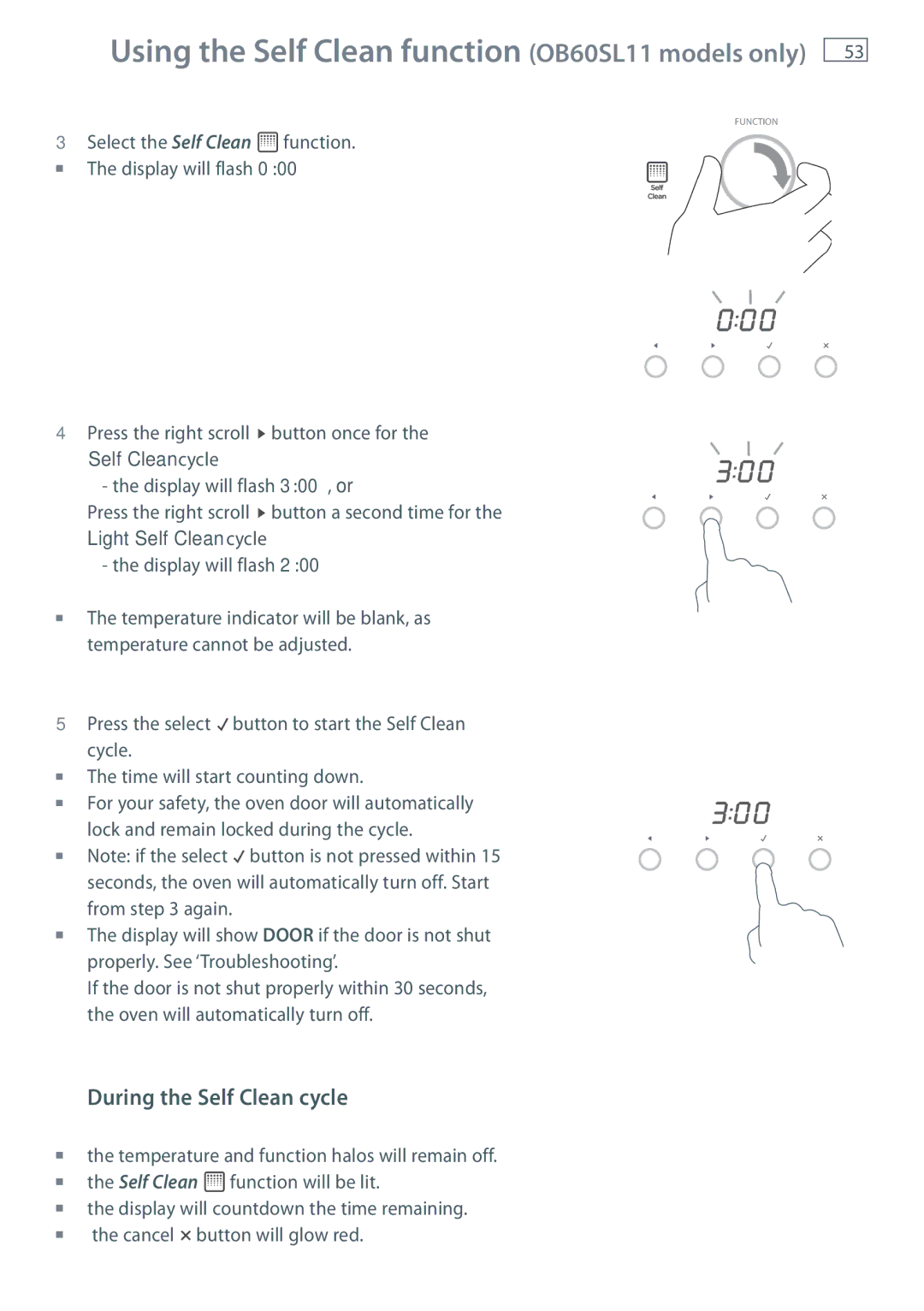 Fisher & Paykel OB60SL9 manual Using the Self Clean function OB60SL11 models only, During the Self Clean cycle 