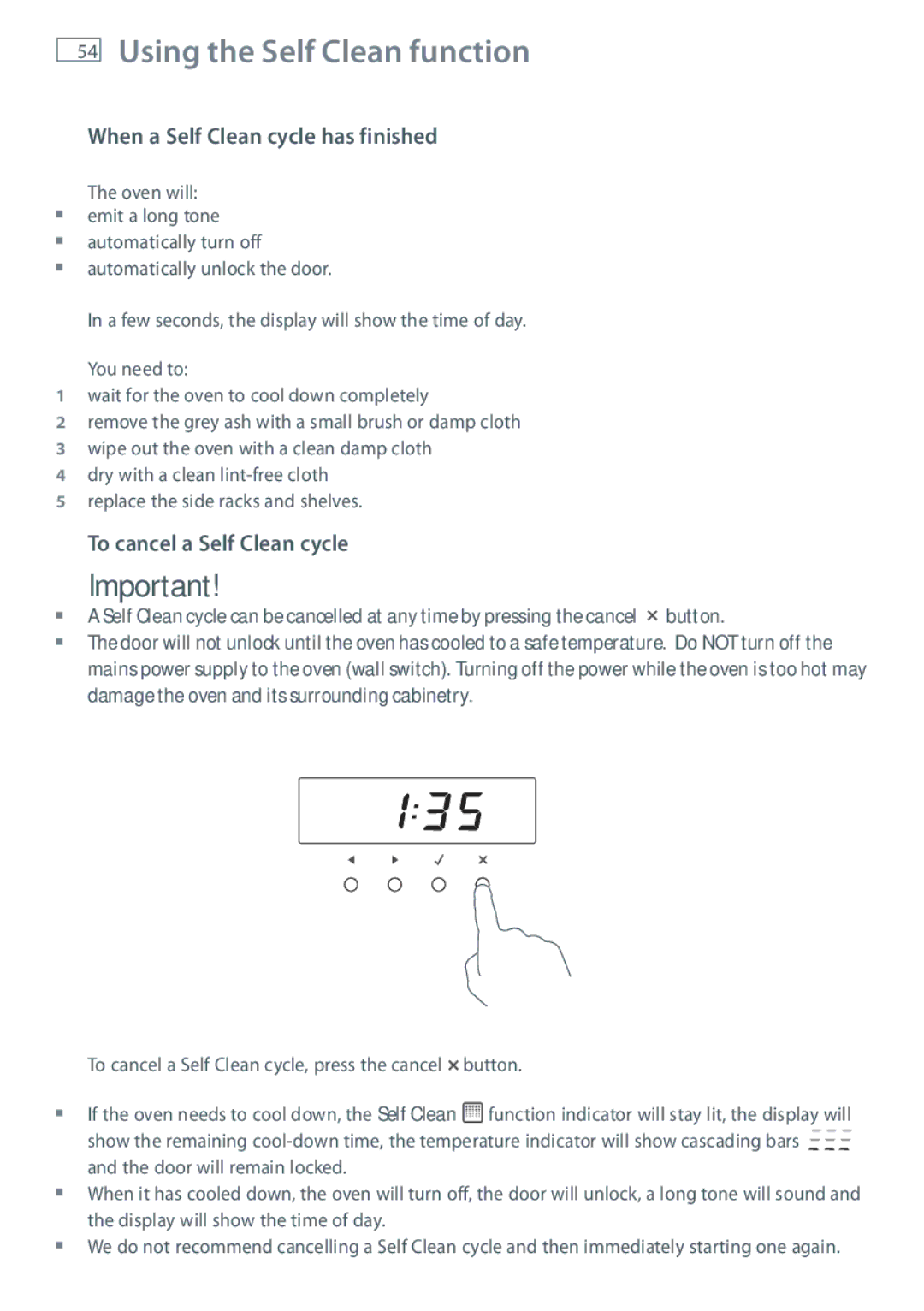 Fisher & Paykel OB60SL9 Using the Self Clean function, When a Self Clean cycle has finished, To cancel a Self Clean cycle 