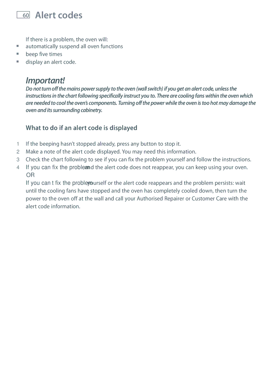 Fisher & Paykel OB60SL9, OB60SL11 manual Alert codes, What to do if an alert code is displayed 