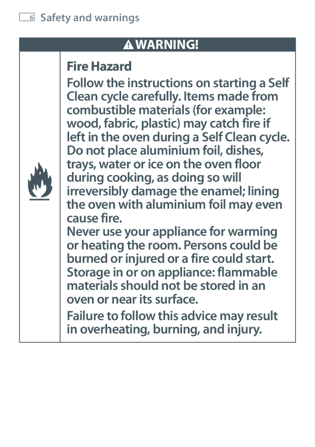 Fisher & Paykel OB60SL9, OB60SL11 manual Fire Hazard 