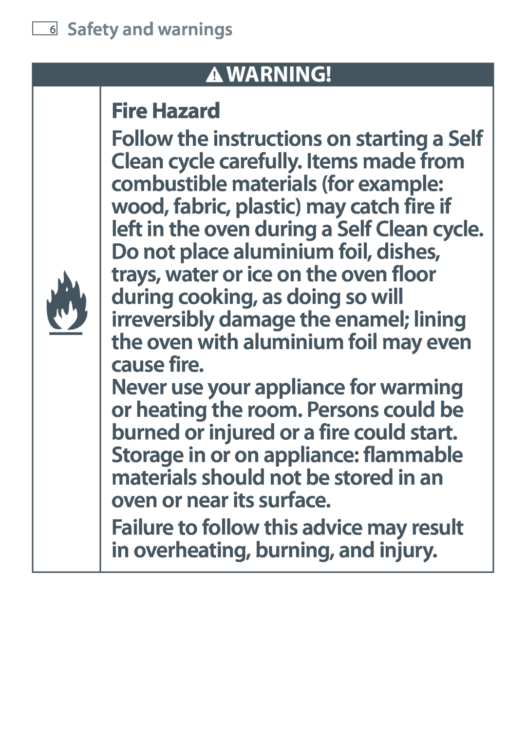 Fisher & Paykel OB60SL9, OB60SL11 manual Fire Hazard 