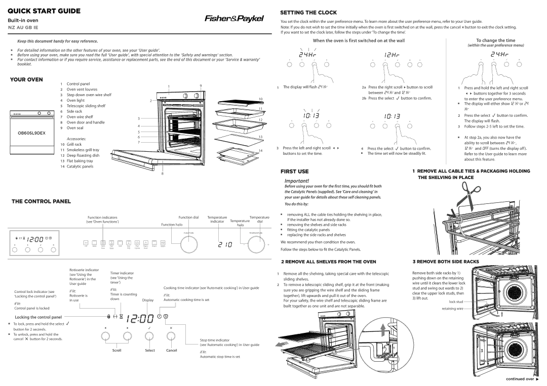 Fisher & Paykel OB60SL9DEX quick start Setting the Clock, Your Oven, First USE, Control Panel 