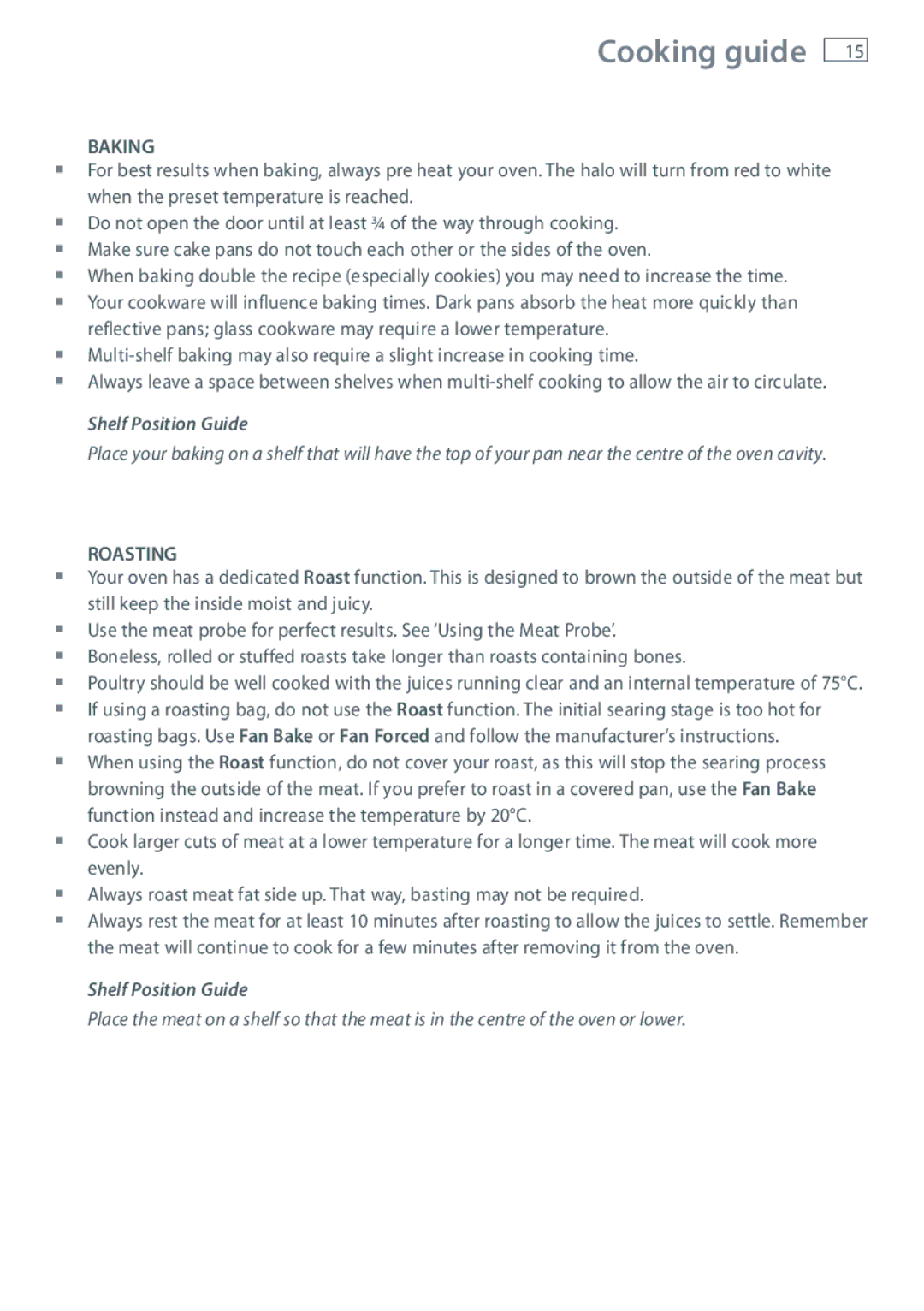 Fisher & Paykel OB76 manual Baking, Shelf Position Guide 