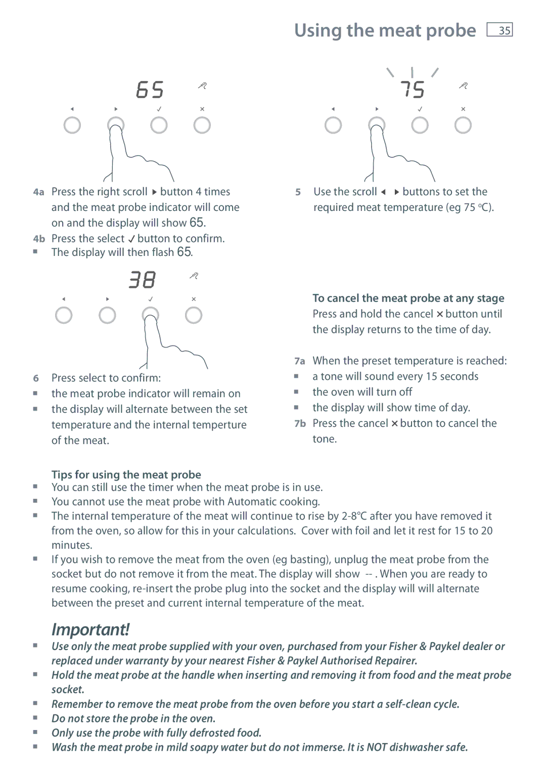 Fisher & Paykel OB76 manual Tips for using the meat probe 