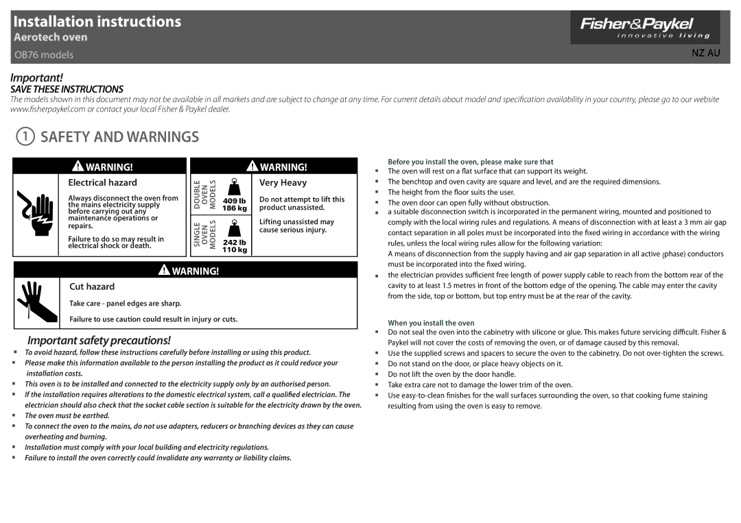 Fisher & Paykel OB76 manual User guide 