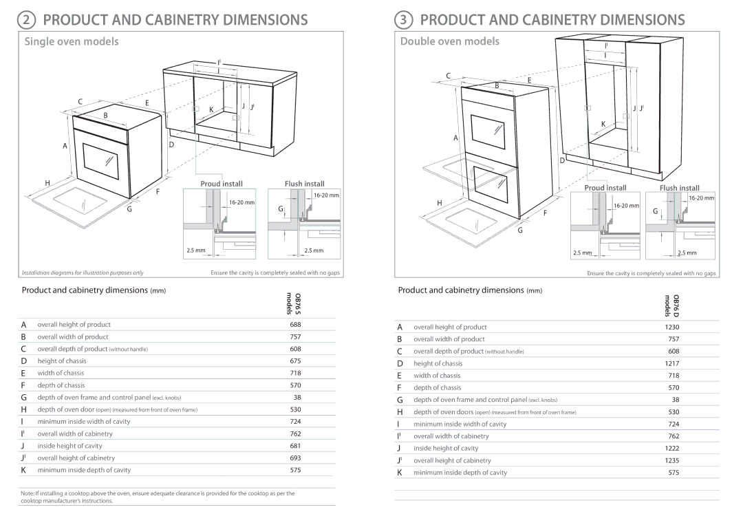 Fisher & Paykel OB76 installation instructions Product and Cabinetry Dimensions, Single oven models 