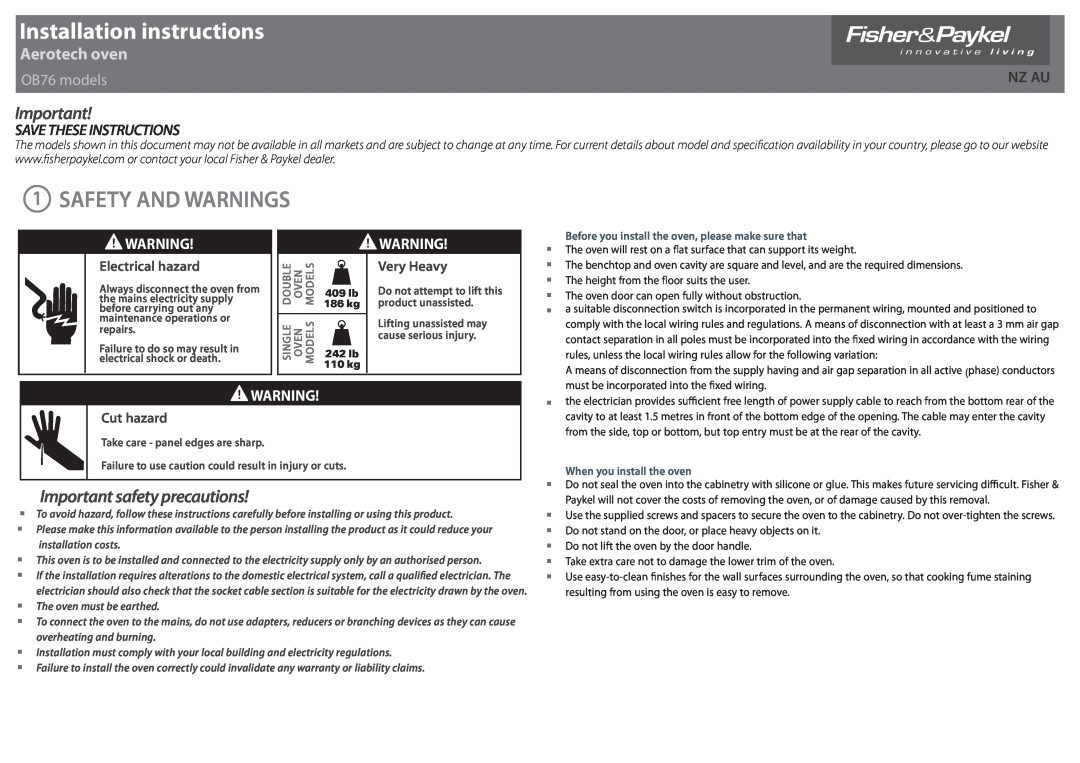 Fisher & Paykel installation instructions Safety And Warnings, Installation instructions, Aerotech oven, OB76 models 