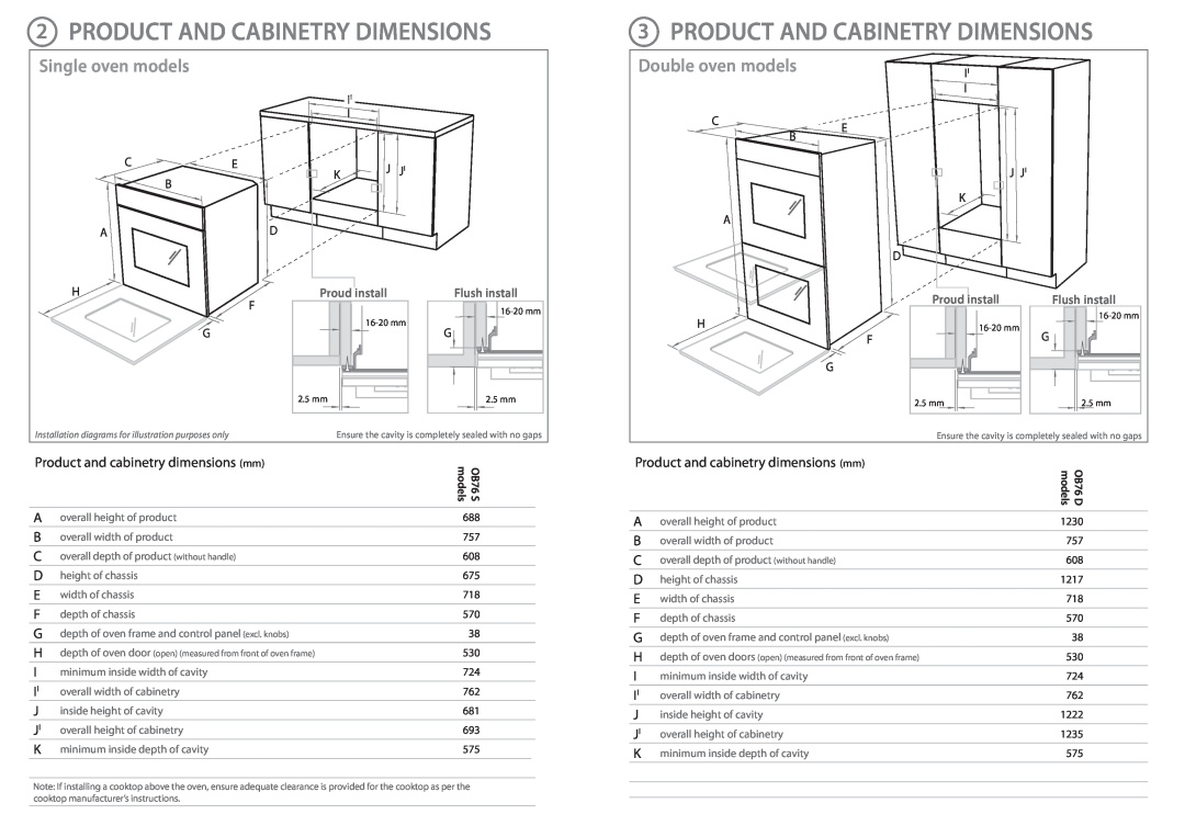 Fisher & Paykel OB76 installation instructions Product And Cabinetry Dimensions, Single oven models, Double oven models 