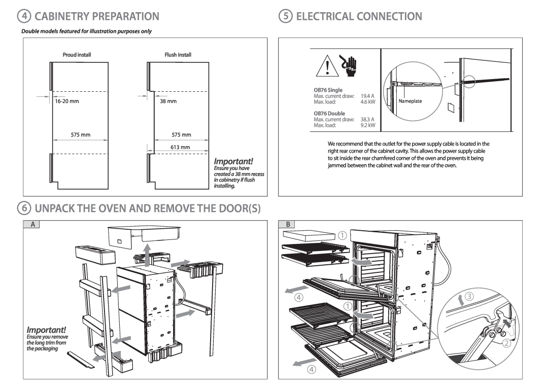 Fisher & Paykel OB76 Cabinetry Preparation, Unpack The Oven And Remove The Doors, Electrical Connection, Proud install 